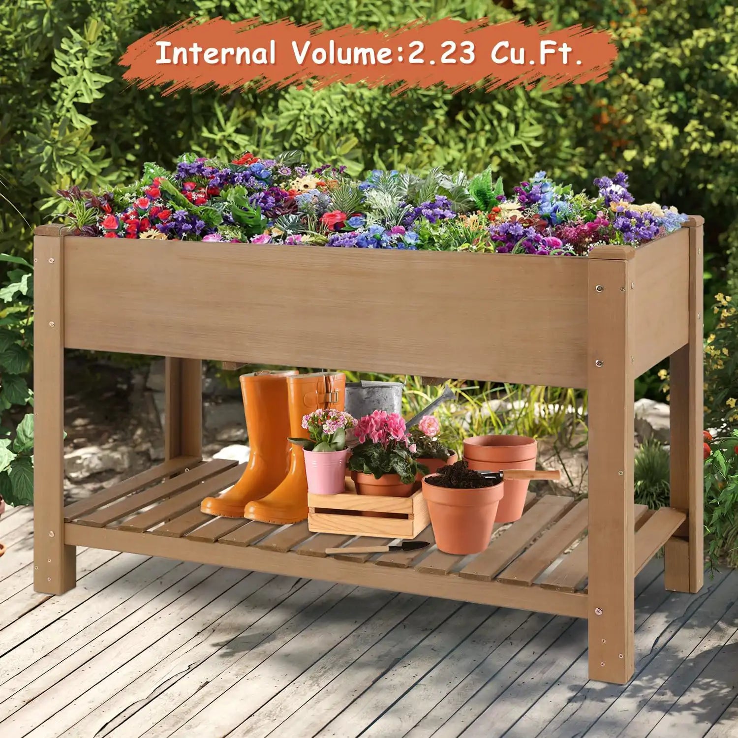 Elevated planter with deep planting space and lower shelf