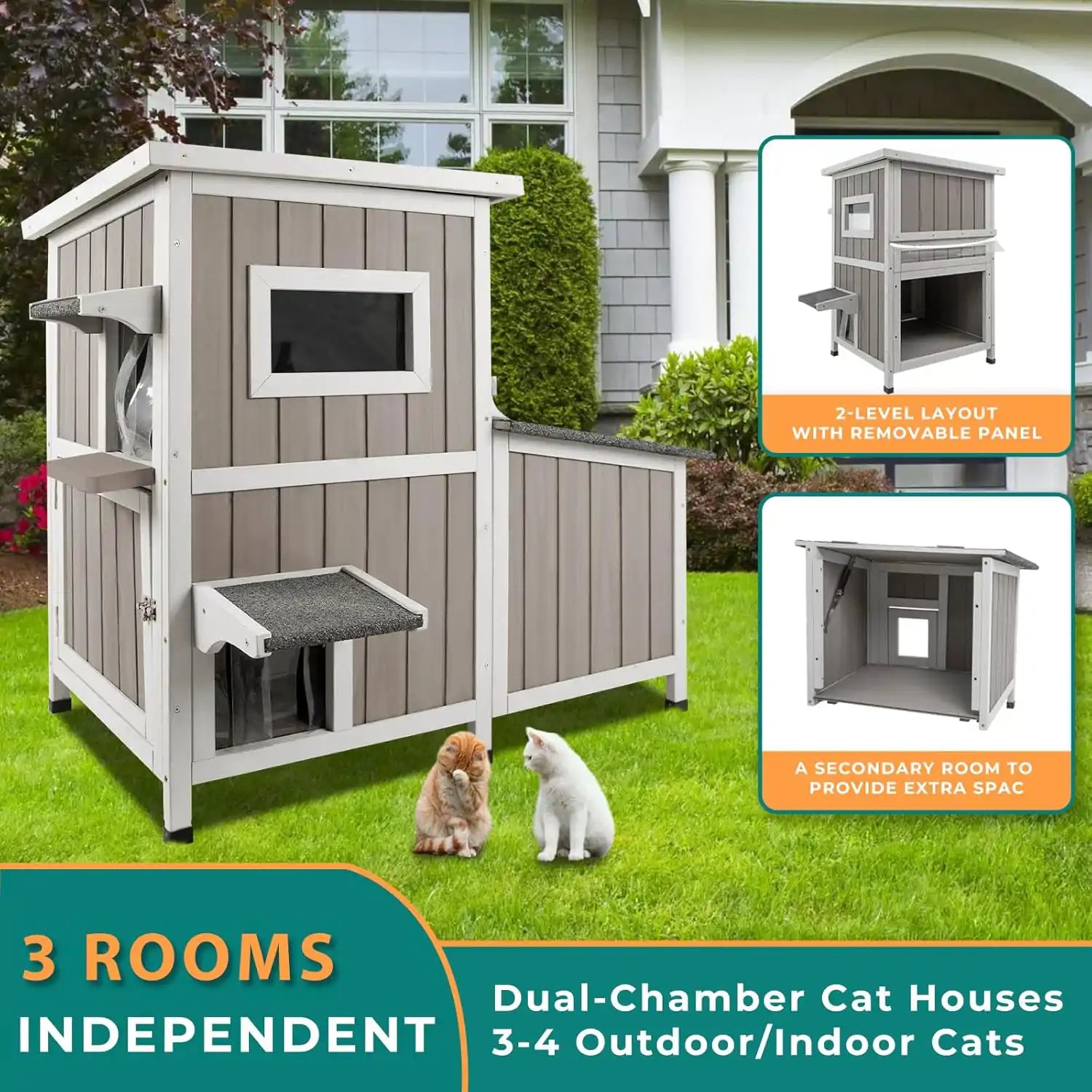 Feral cat shelter with dual rest rooms for 2-3 cats