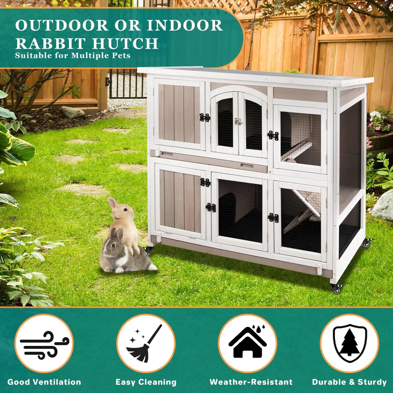 Two-story bunny cage in white and grey with spacious layout