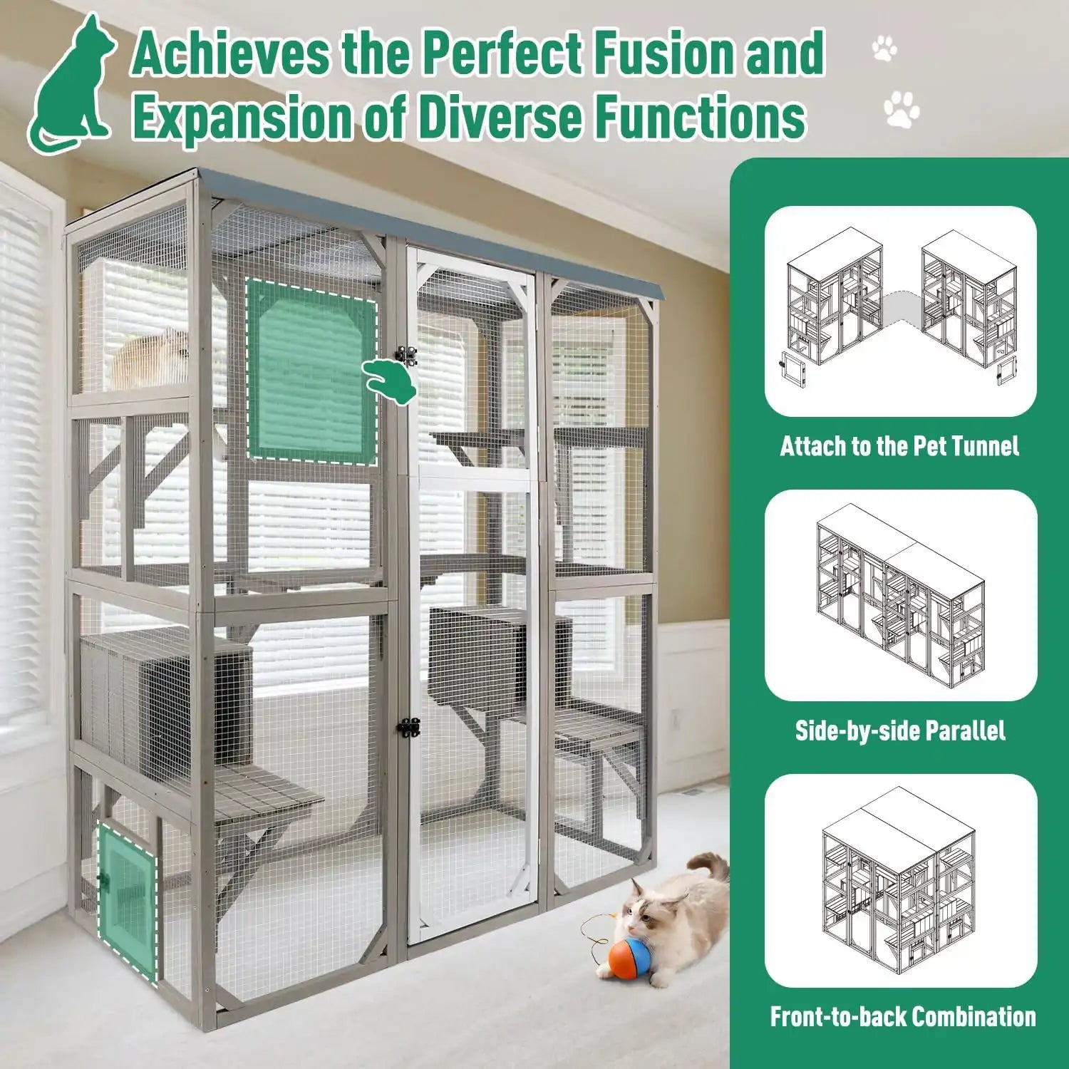 Wooden cat enclosure for multiple cats with secure mesh walls