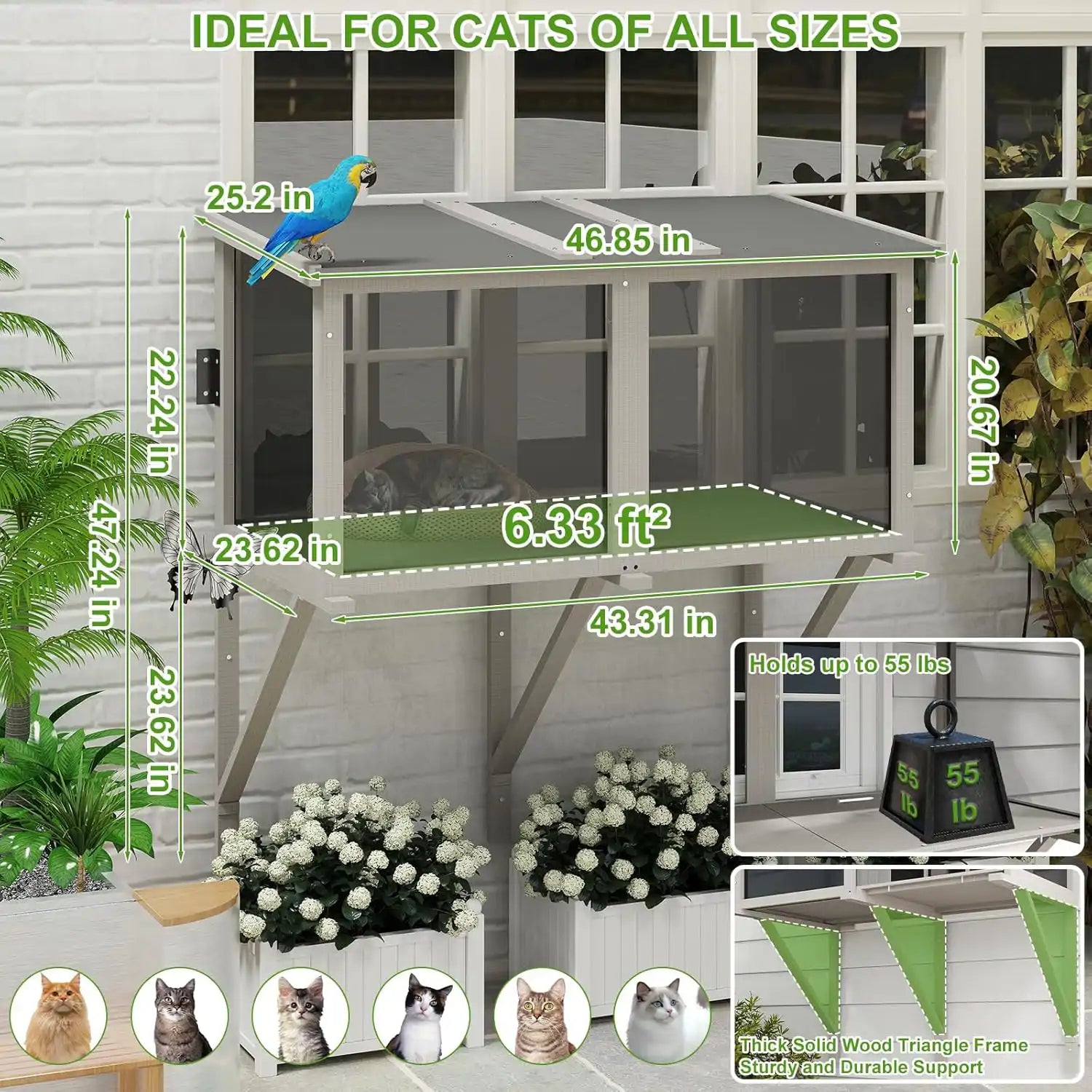 Outdoor wooden catio enclosure for sunbathing and fresh air