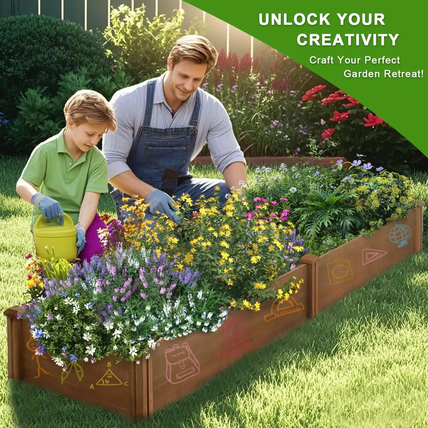 PETSCOSSET GF20 92.9″L Raised Garden Bed Wooden Planter Box Vegetable Garden Box for Outdoor Gardening, Brown