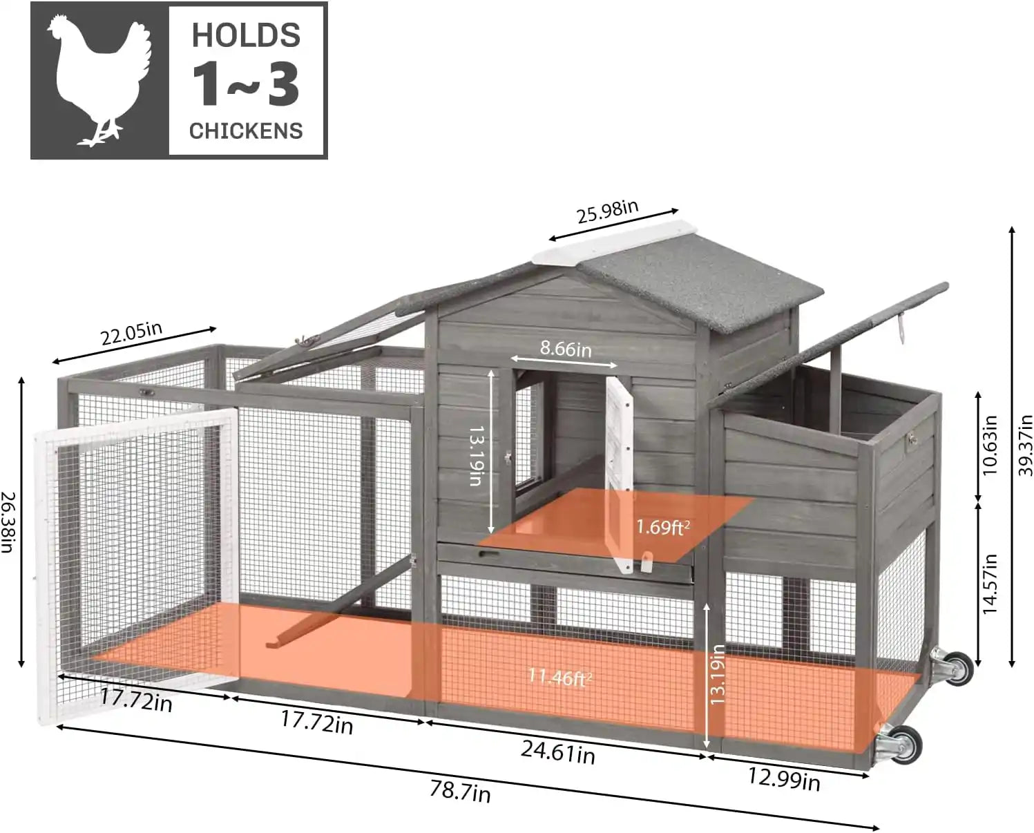 PETSCOSSET 78.7″Chicken Coop with Run Large Wooden Chicken House with Wheels,Combinable,Gray