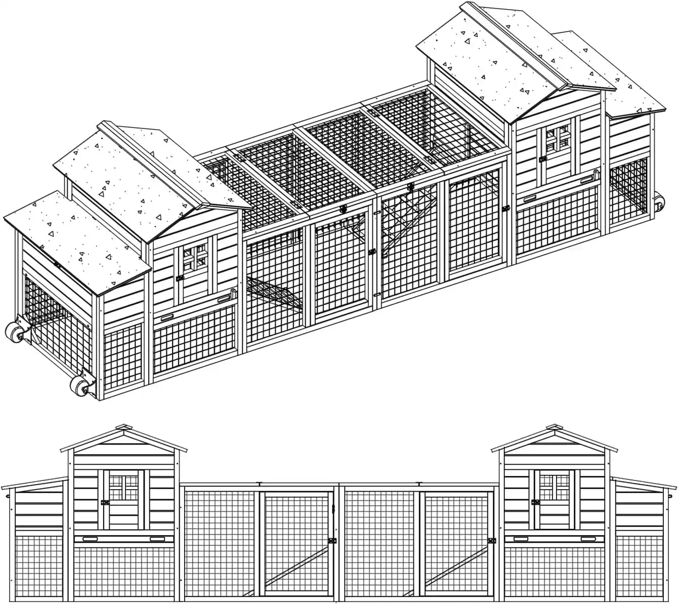 Large wooden chicken house with white trim and asphalt roof