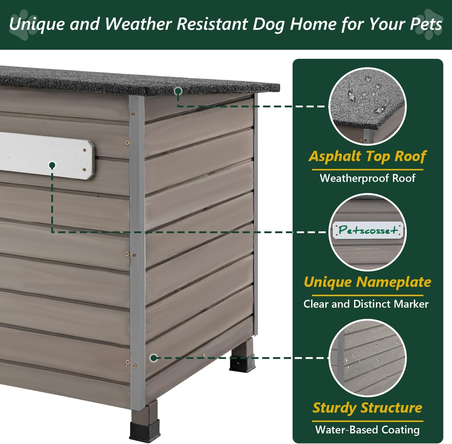 Side view of PET65 dog house showing sturdy iron frame support