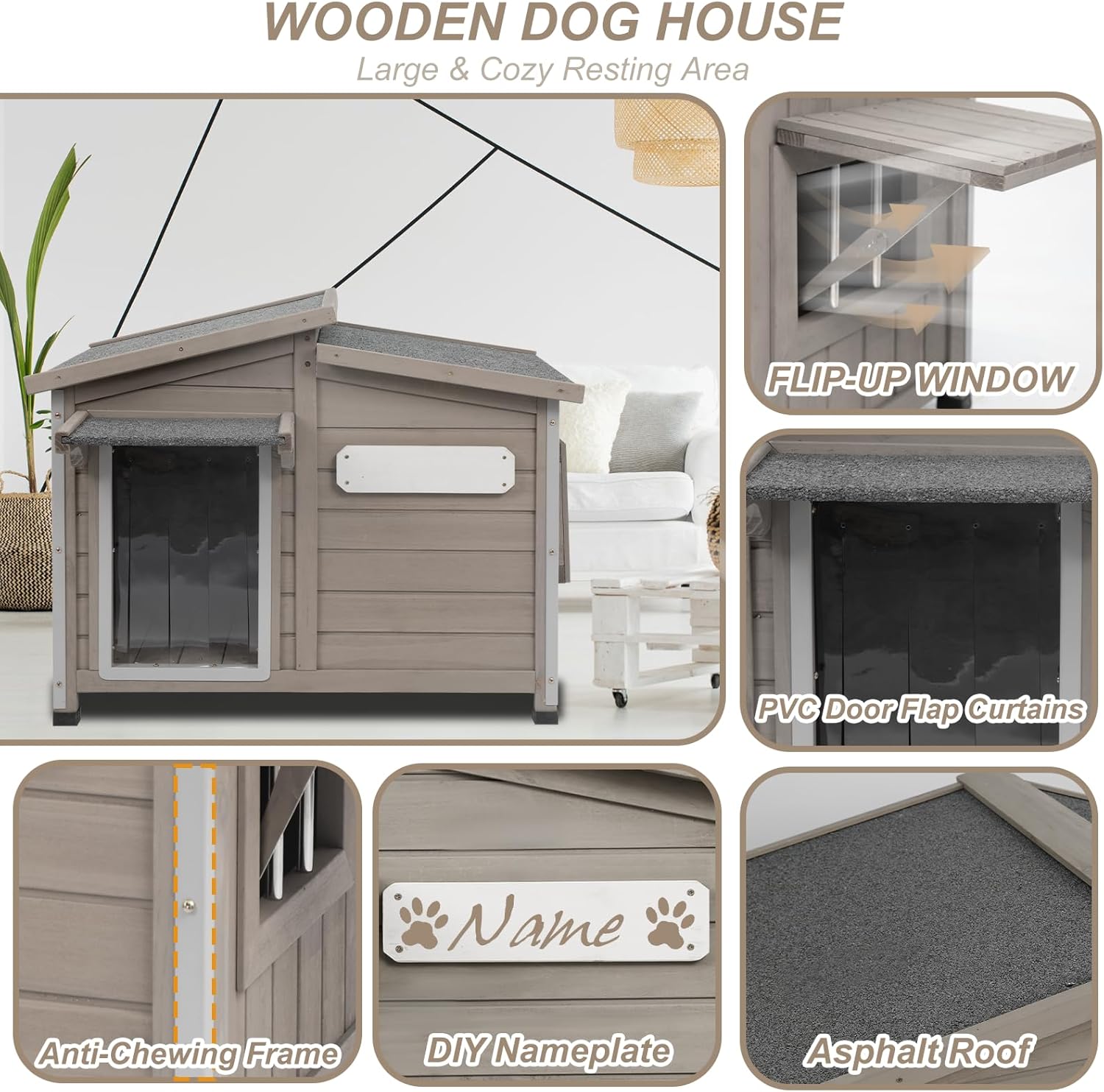 Front view of PET69 wooden dog house designed for outdoor use