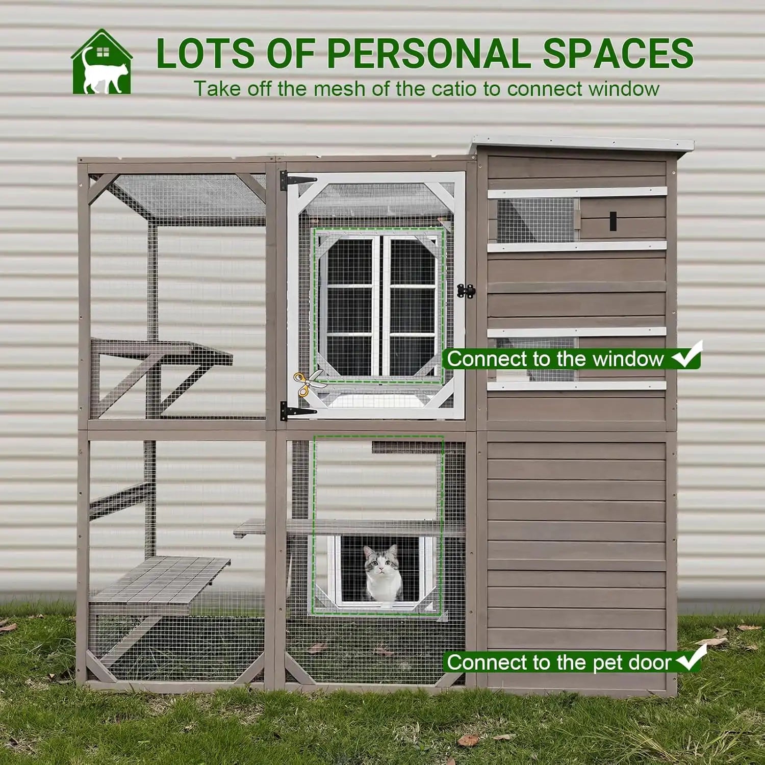 Large wooden cat house with mesh walls and ramp access