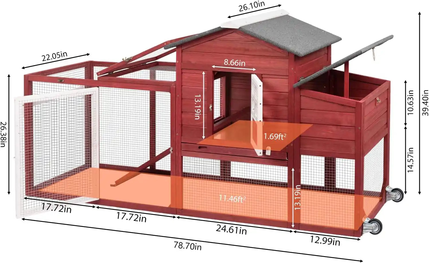 Mobile chicken coop with attached wheels for easy relocation
