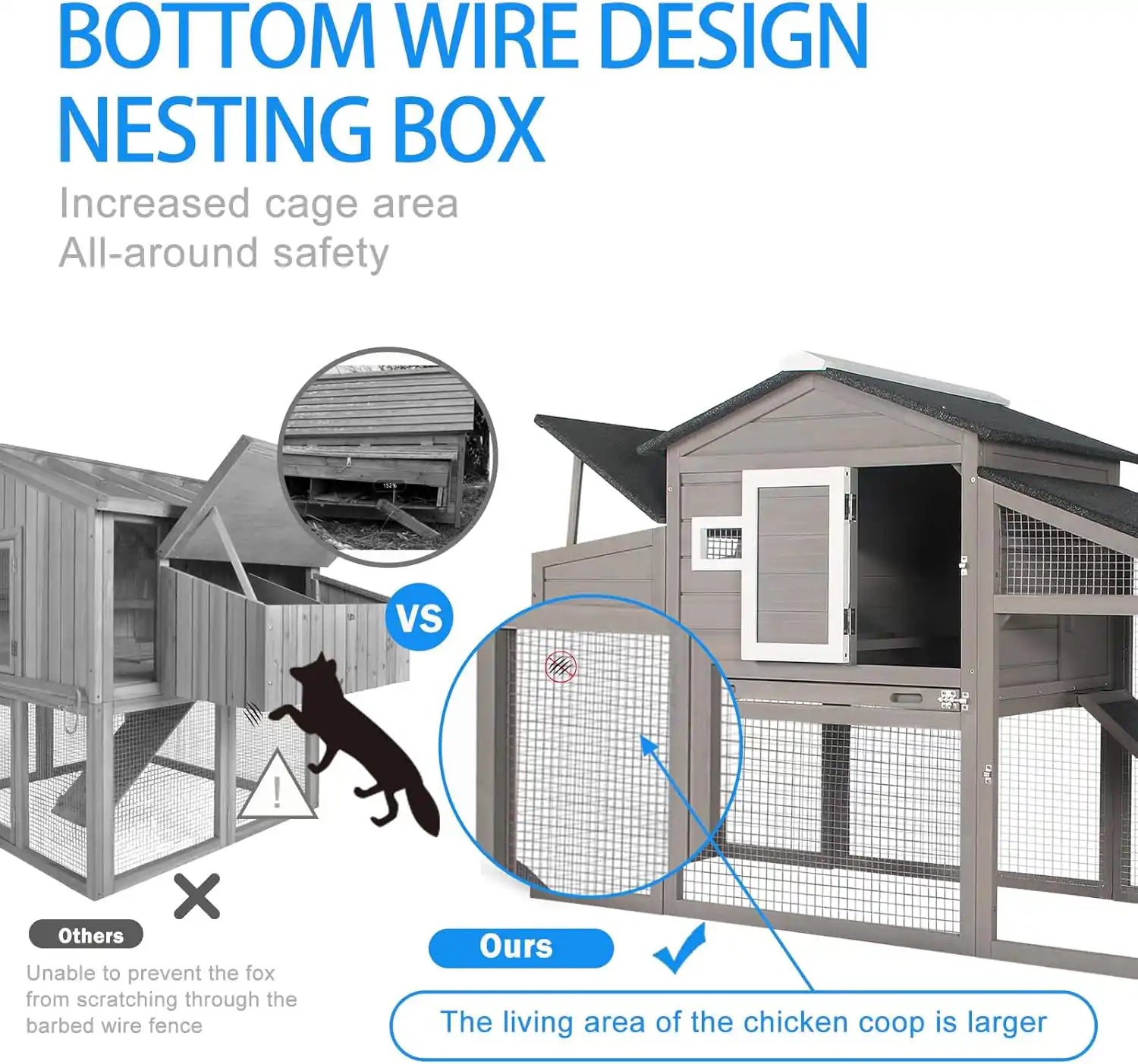 Side view of grey hen house with ramp and secure mesh panels