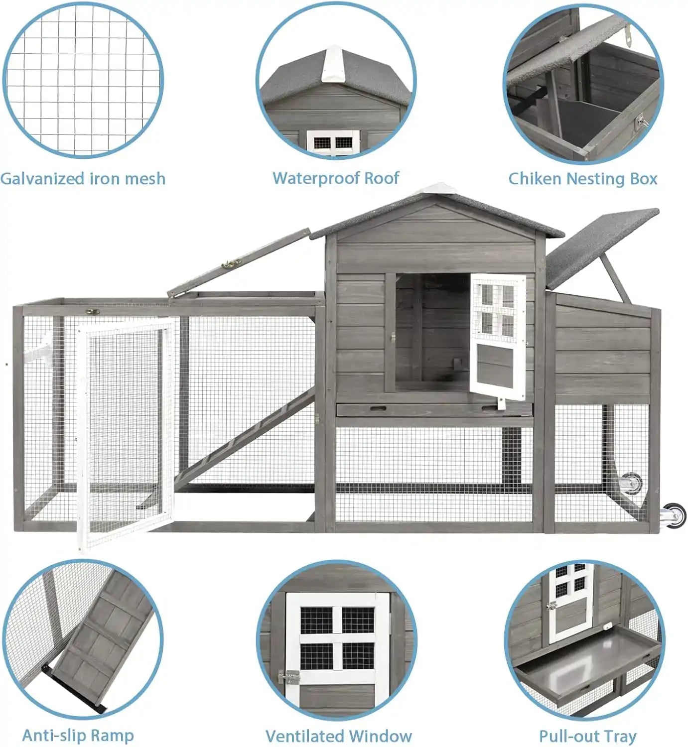 PETSCOSSET 78.7″Chicken Coop with Run Large Wooden Chicken House with Wheels,Combinable,Gray