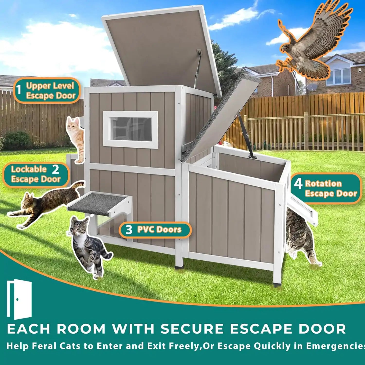 Side view of PET19 cat house showing multiple exit doors