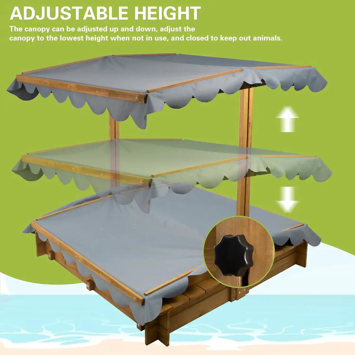 Compact wooden sandbox with bench-style side lids