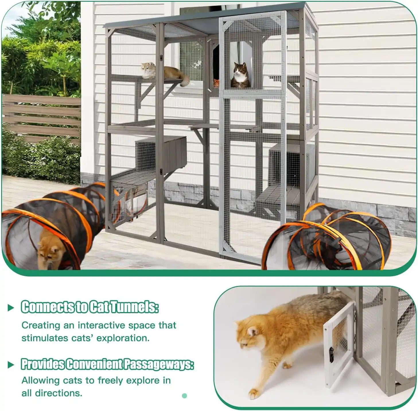 Spacious outdoor cat house with tiered climbing platforms