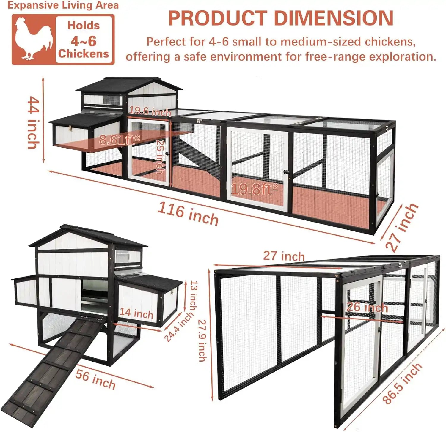 Side view of PET27 extra-large poultry cage with ramp and mesh enclosure