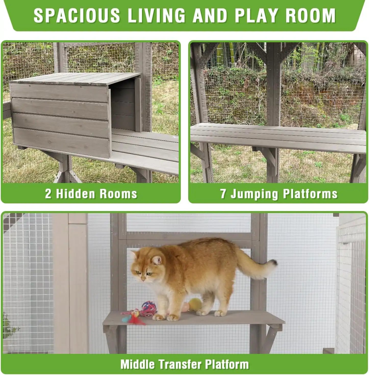 PETSCOSSET 71″ Catio Outdoor Cat Enclosure Large Wooden Cat House with 5 Platforms for Multiple Cats,Wood