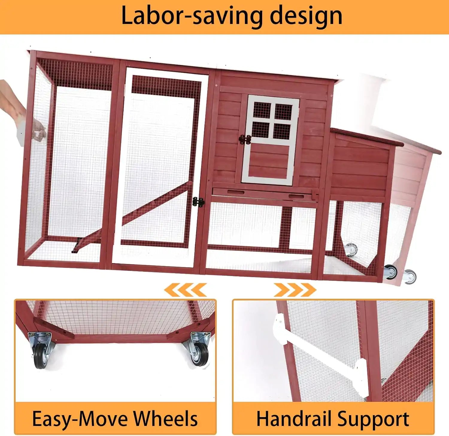 Front view of red and white poultry house with mesh panels