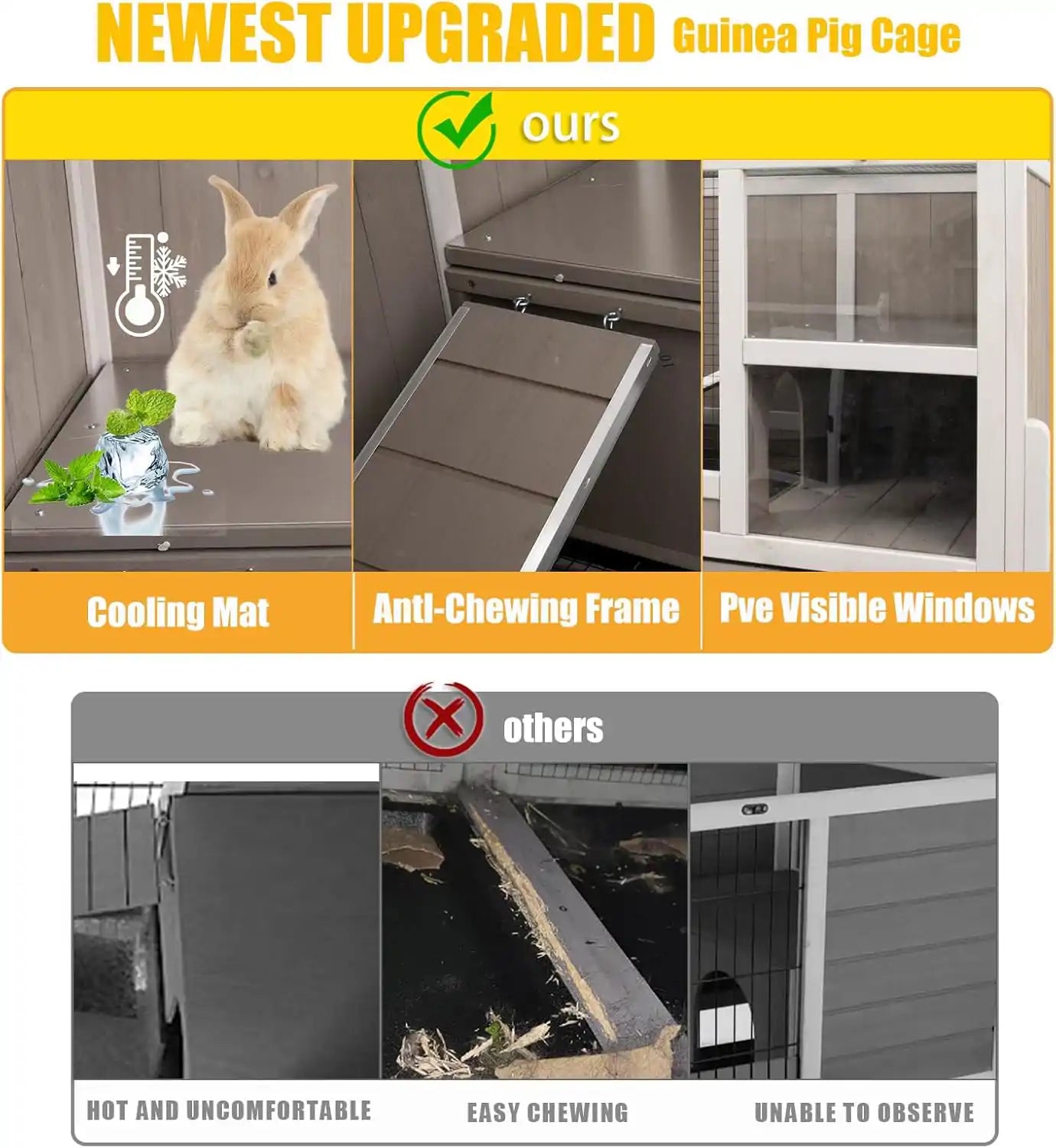 Front view of white and grey rabbit hutch with secure latches