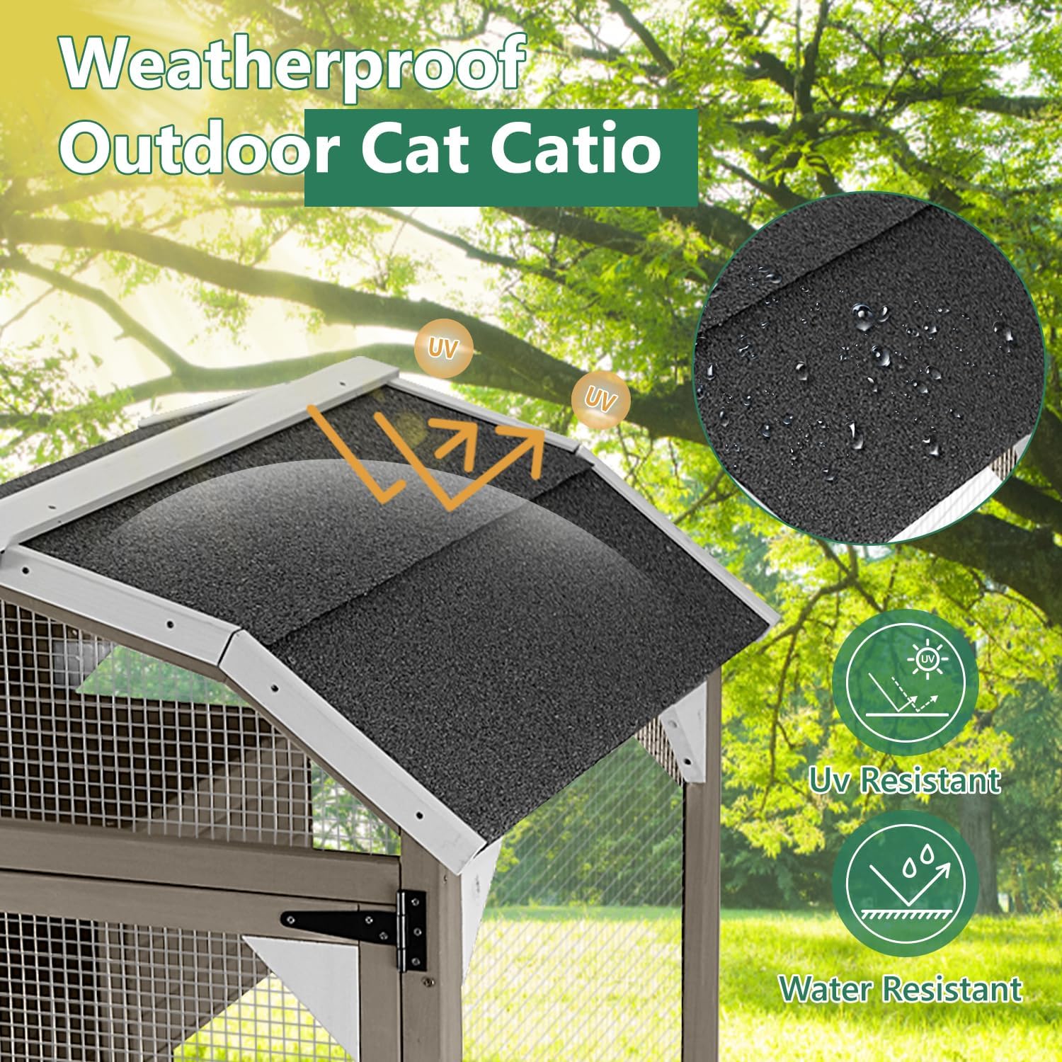 Side view of CAT12 grey catio placed in backyard setting