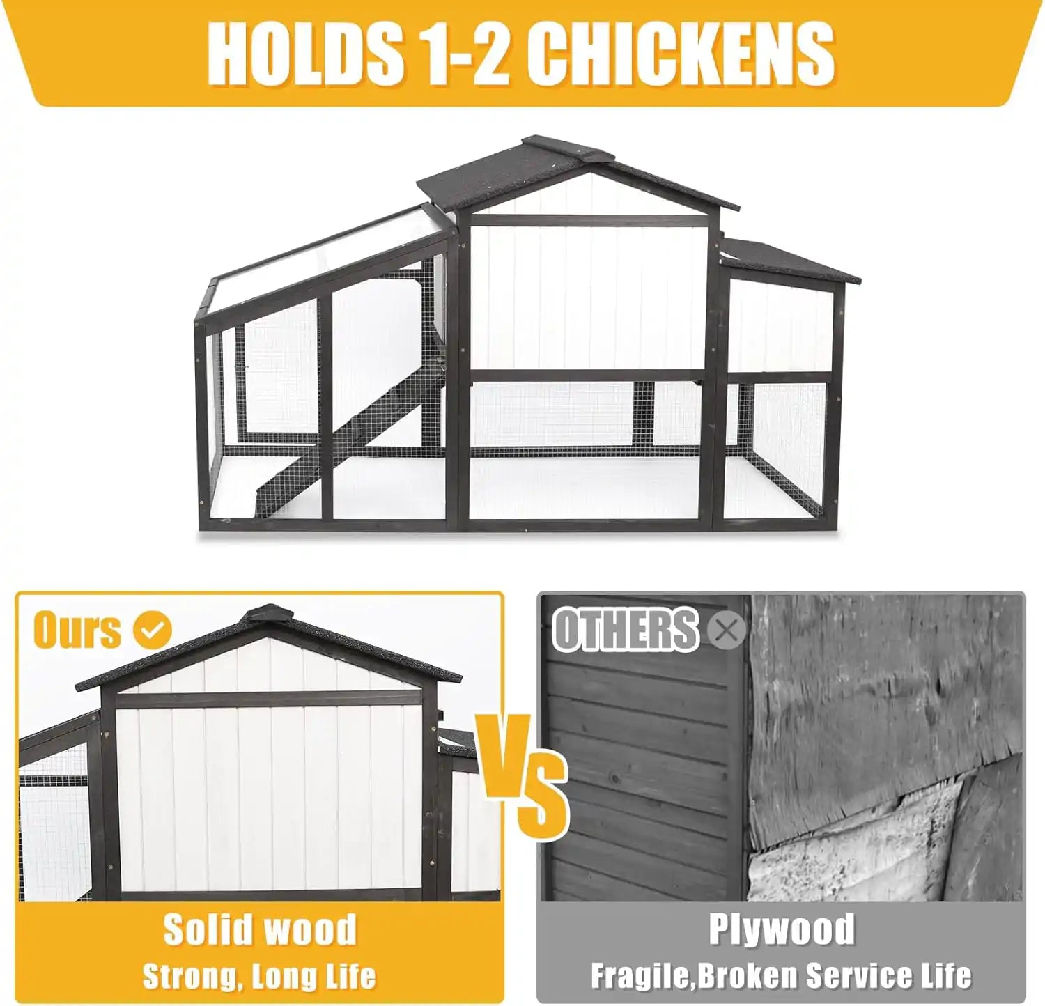 Front view of black poultry cage with white trim and ramp
