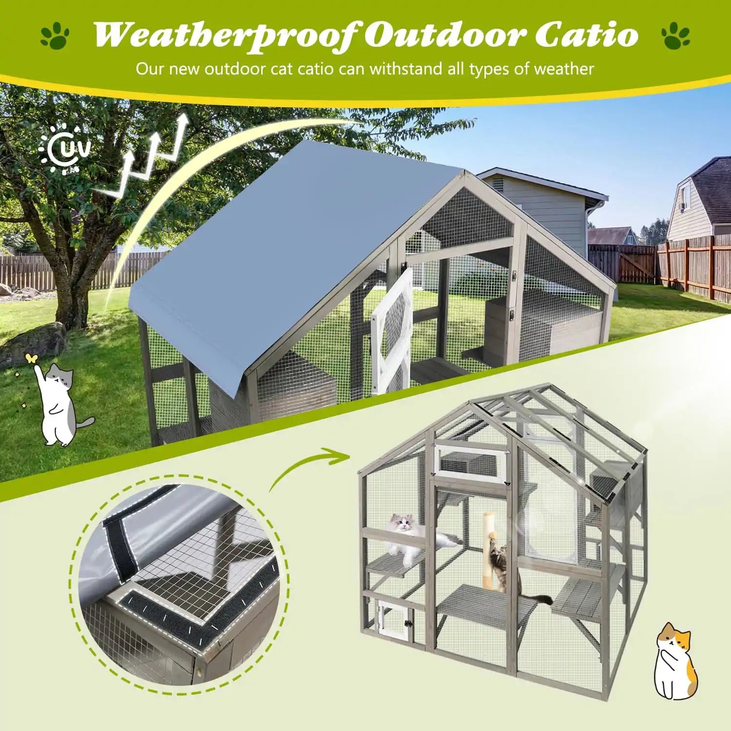 Side view of PET03 outdoor catio with multiple platforms