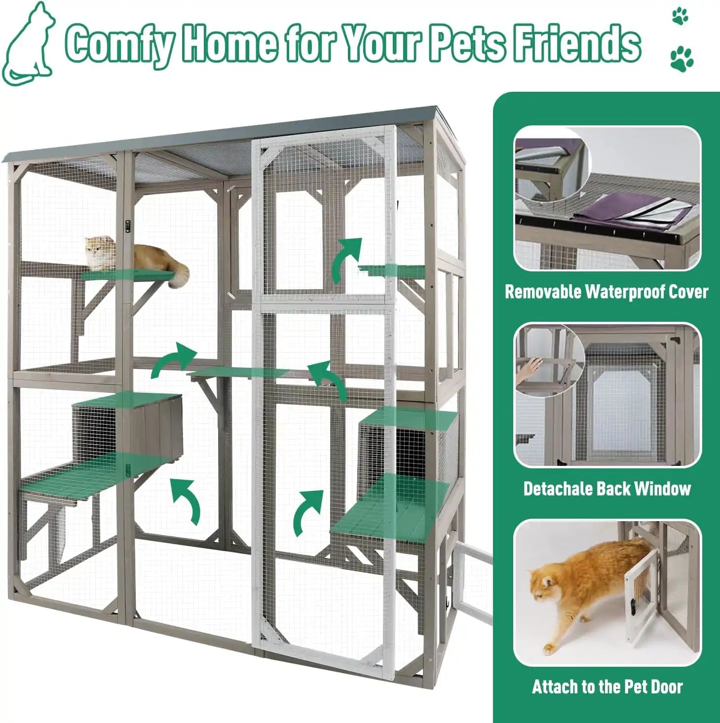 Front view of PET16 catio placed in backyard with ramp access