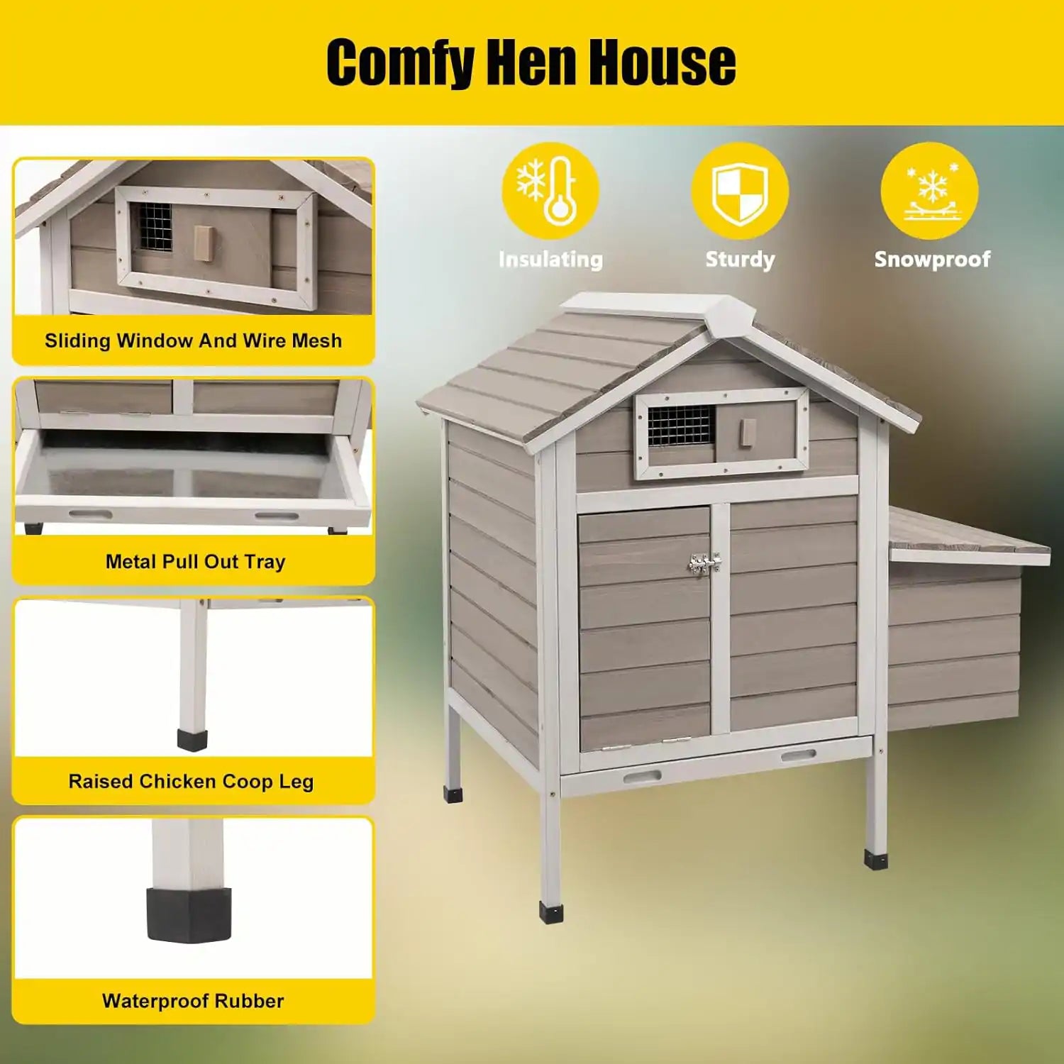 Side view of grey chicken coop with ramp and mesh panels