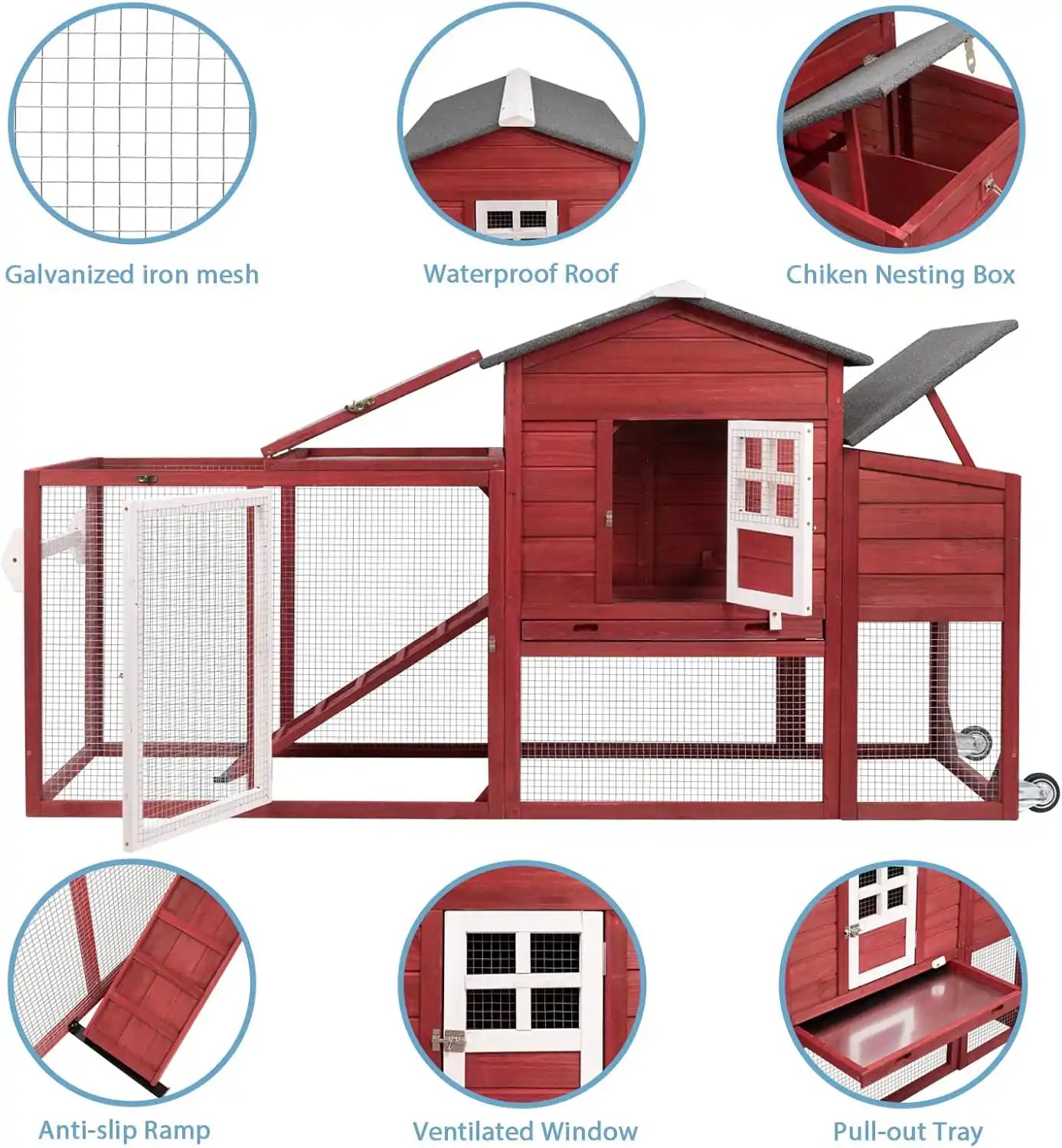 Two-part chicken cage design with nesting box and outdoor run