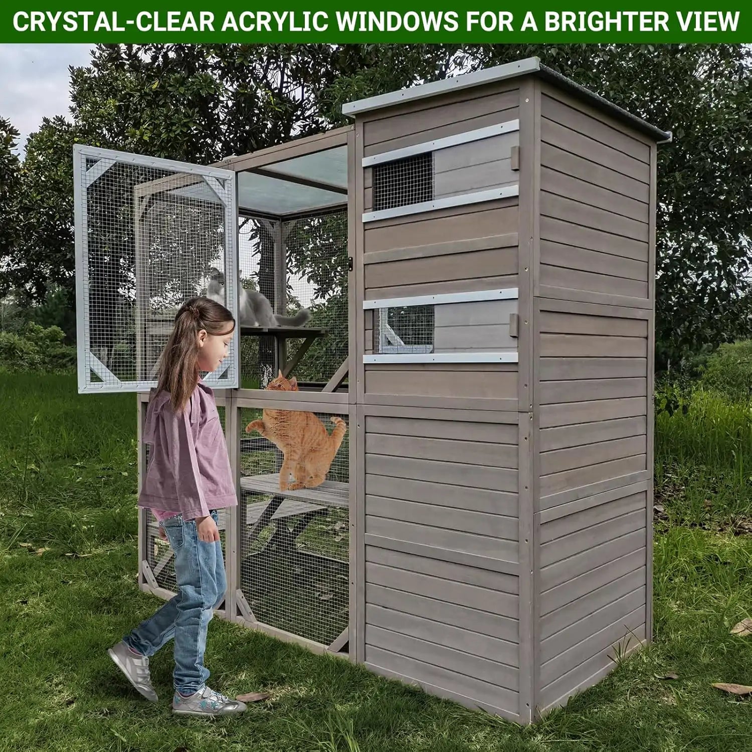 Side view of CAT17 outdoor cat shelter with durable wood frame