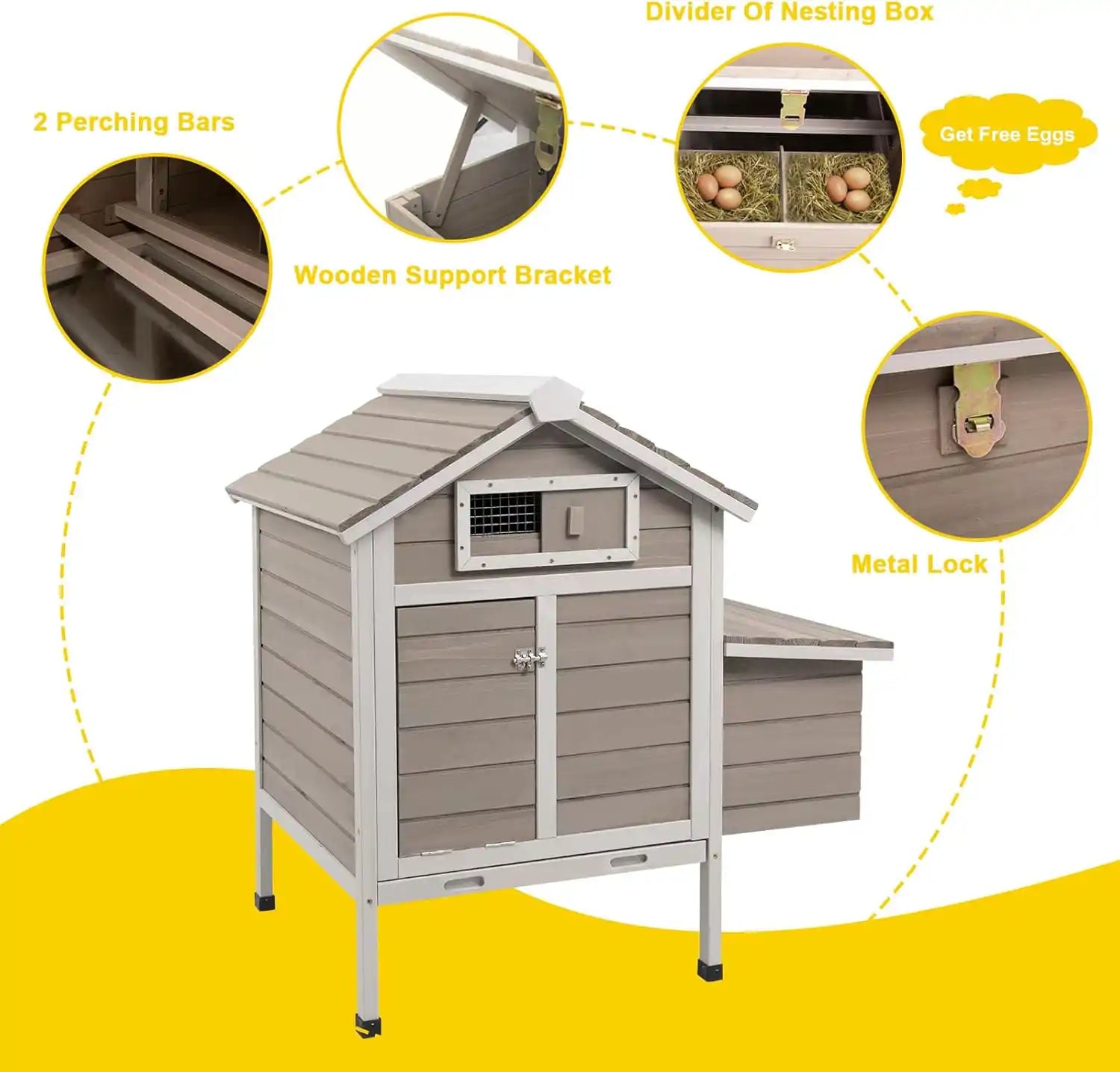 Grey hen house with enclosed roost and run area