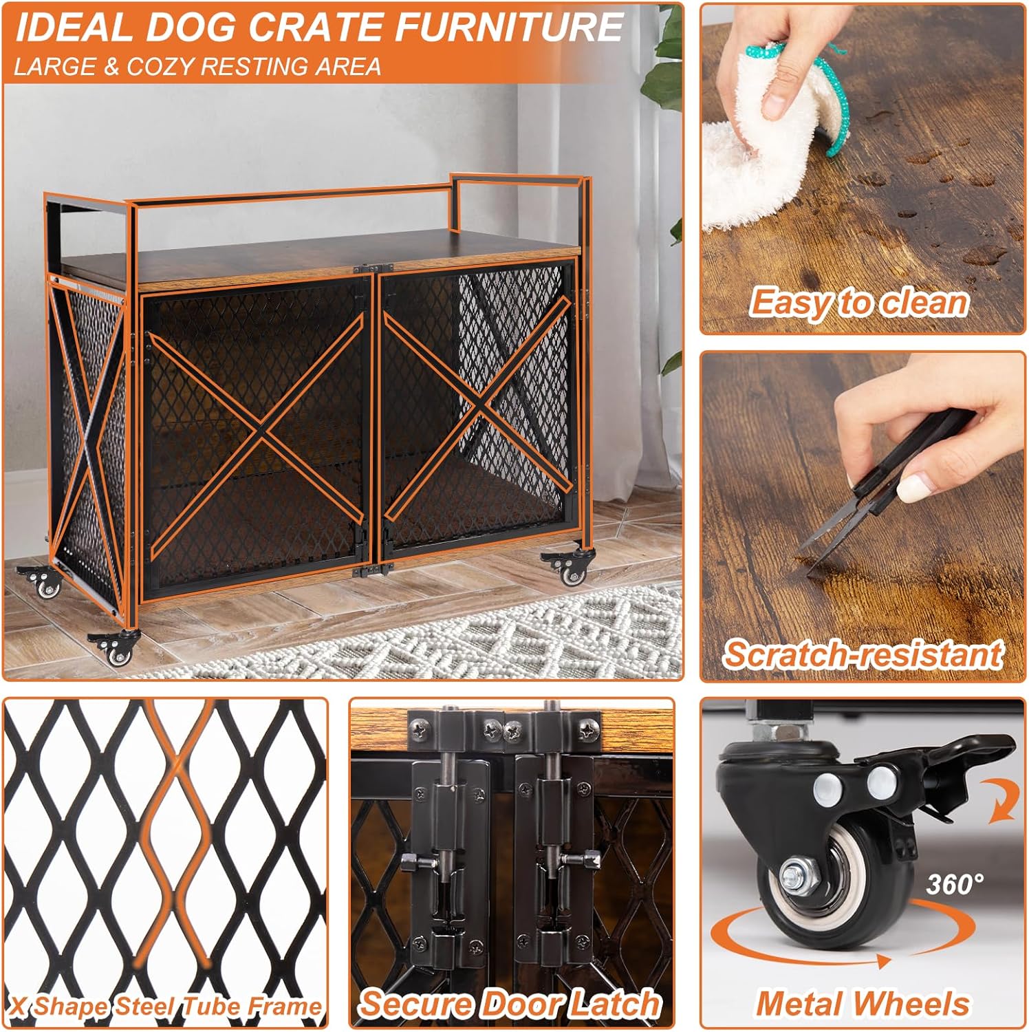 Brown dog kennel with movable wheels for flexible placement