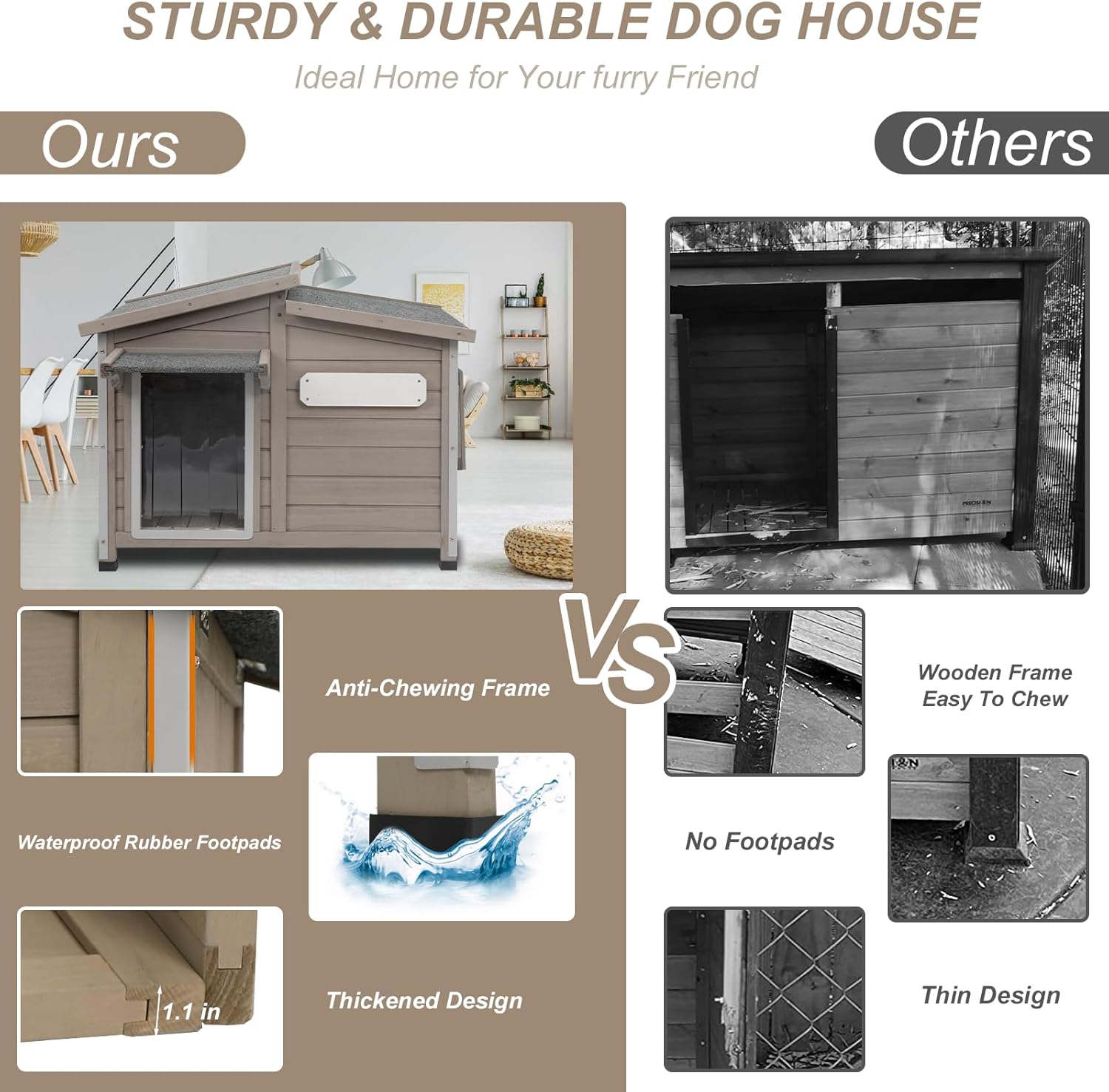 Raised wooden kennel with waterproof sloped roof