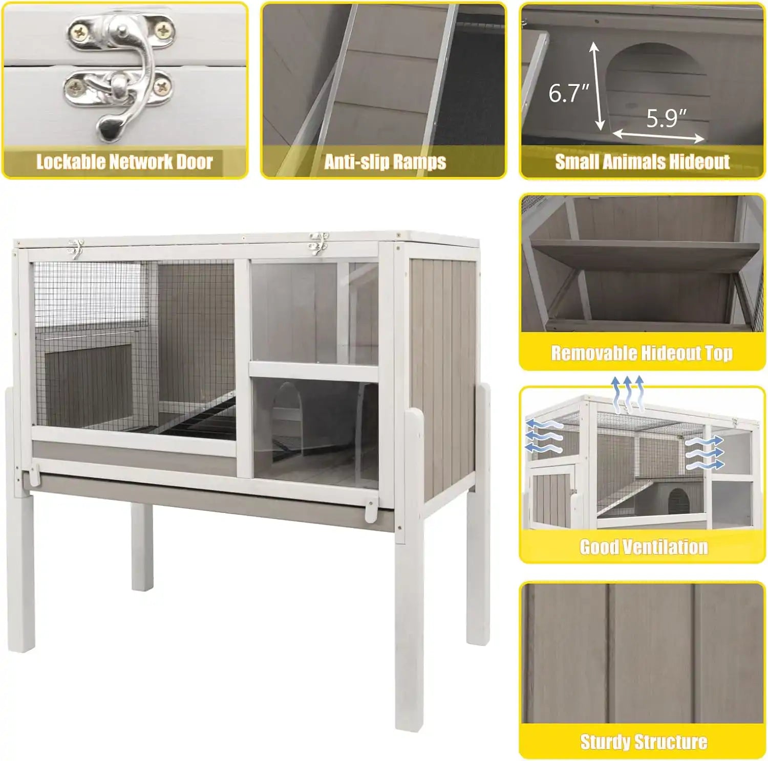 Guinea pig cage with upper resting space and lower play area