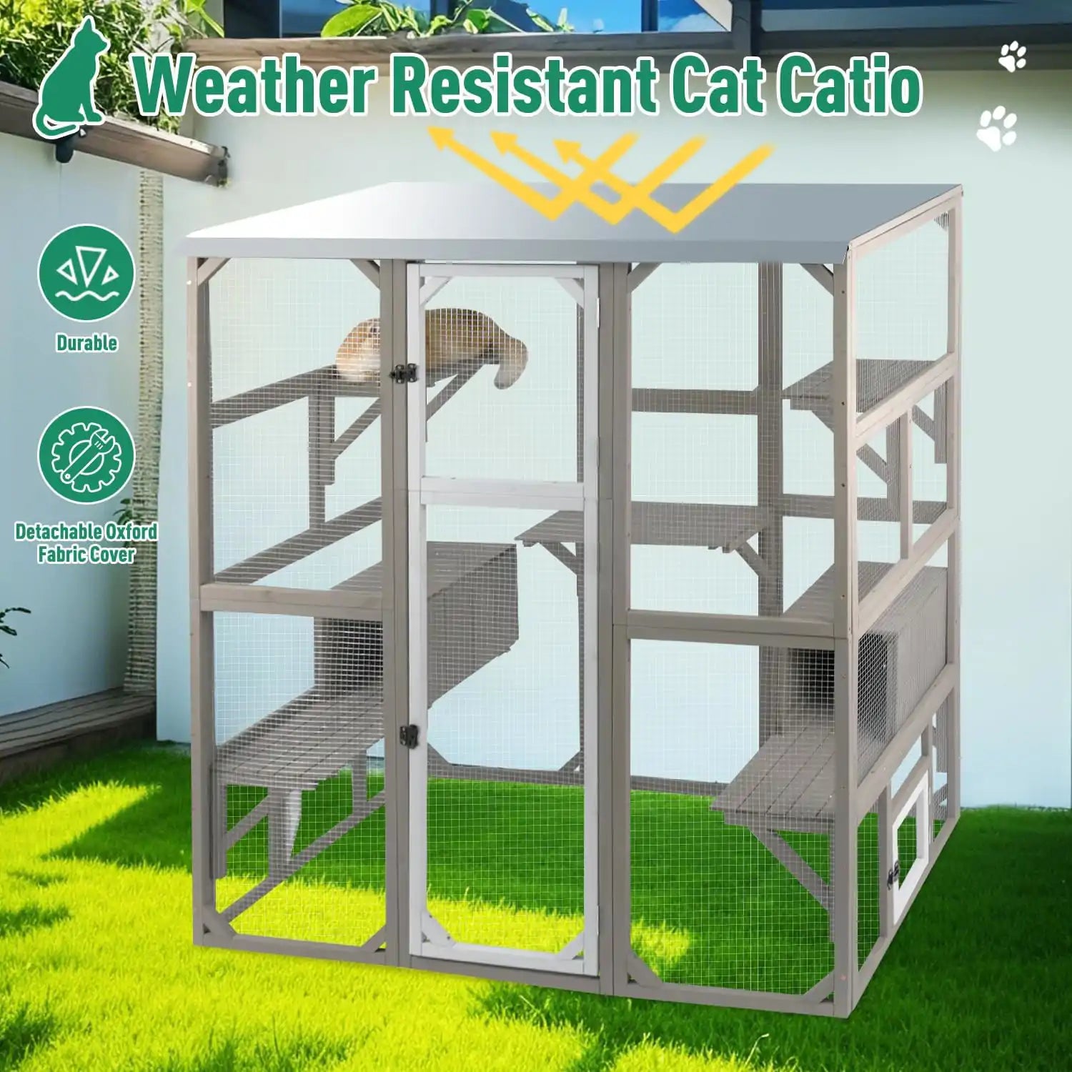 Gray wooden cat enclosure ideal for sunbathing and play
