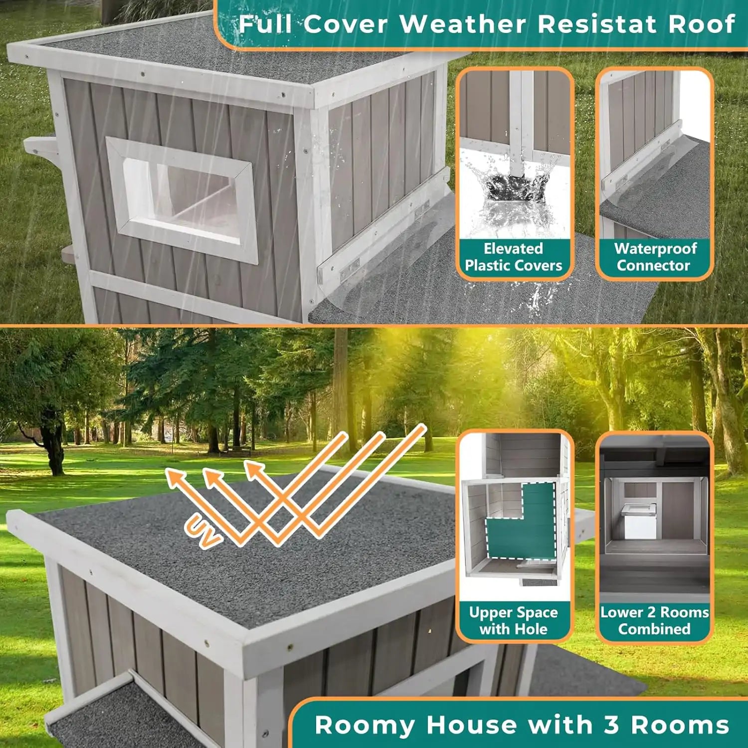 Elevated two-level cat shelter with asphalt roof