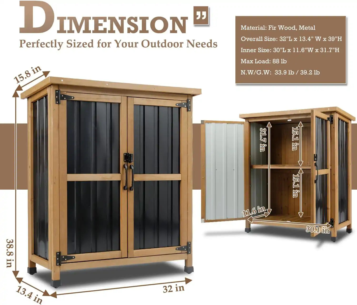 PETSCOSSET 38.8″L Outdoor Storage Shed, Garden Storage Cabinet, Brown