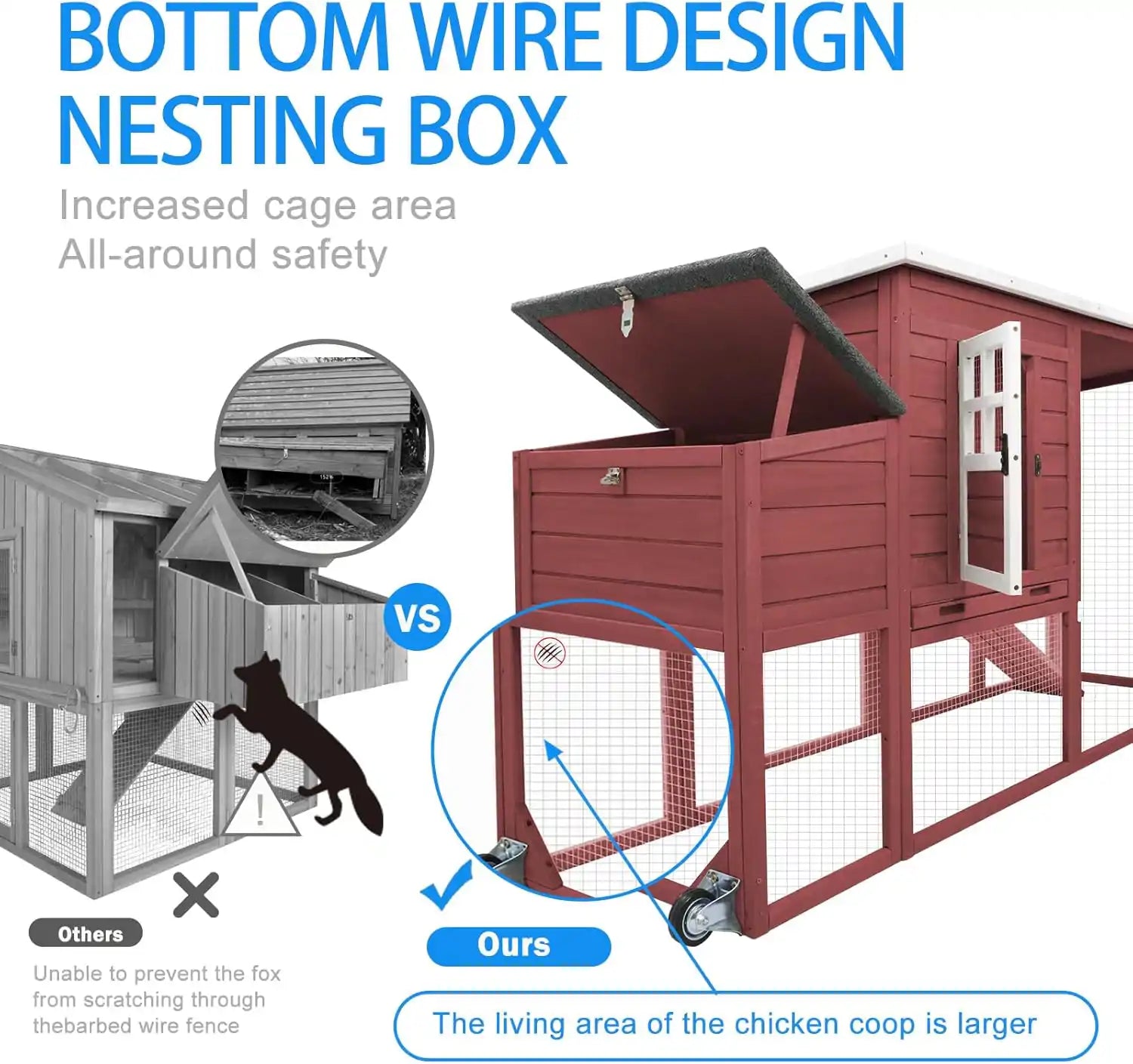 Elevated nesting box with lift-up lid for egg collection