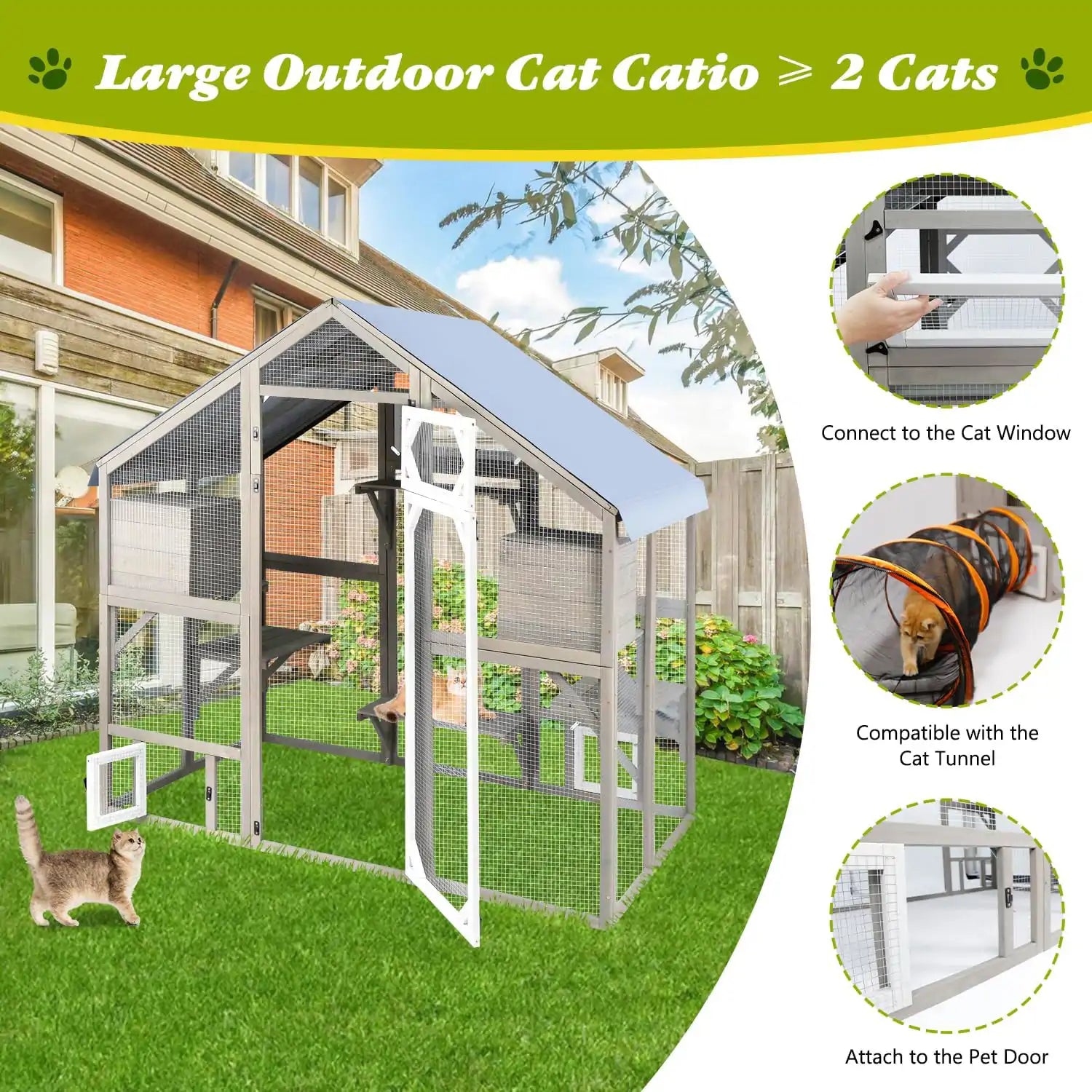 Grey catio for multiple cats with enclosed climbing area