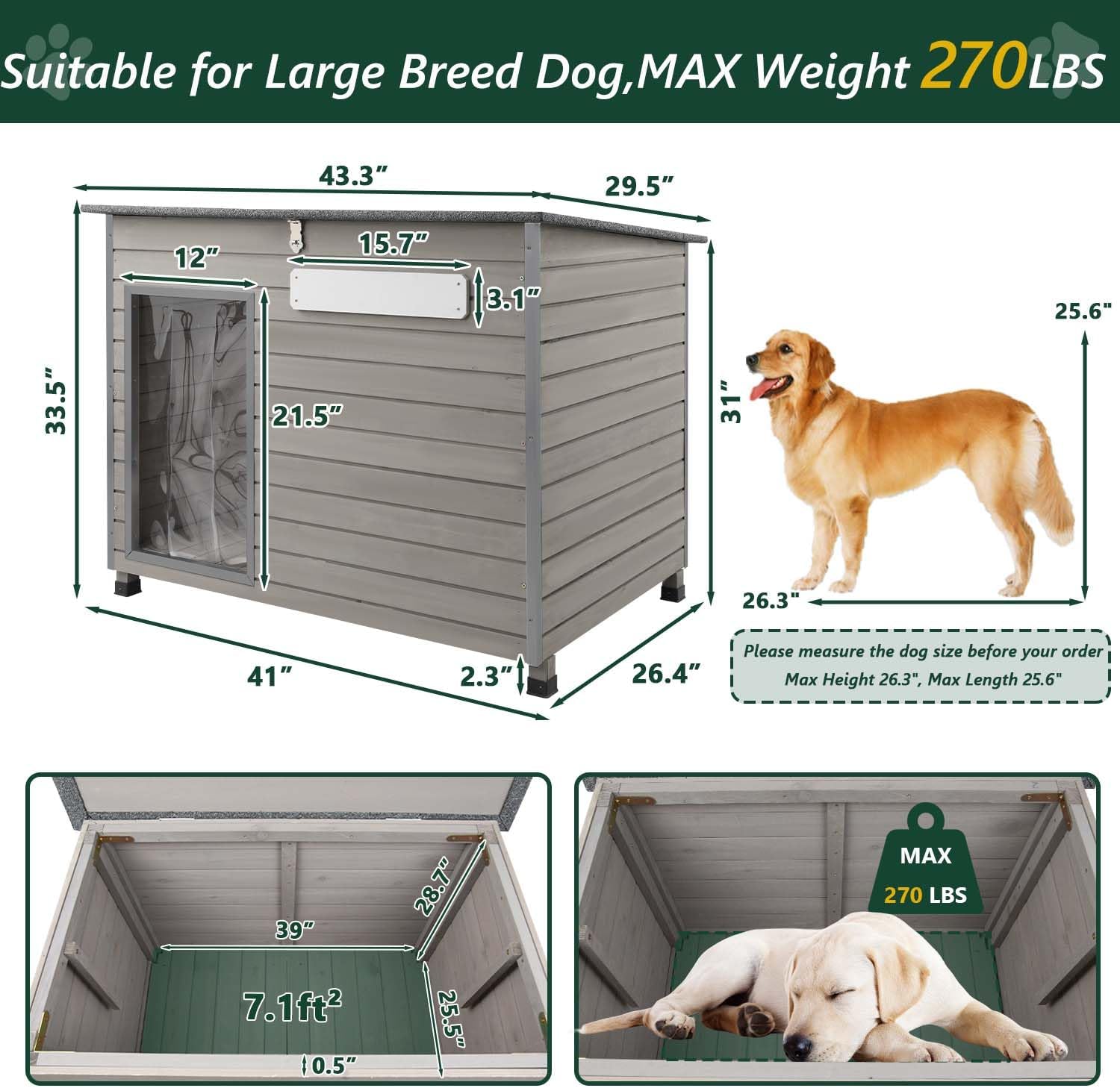 Gray dog house featuring ventilation openings and secure door