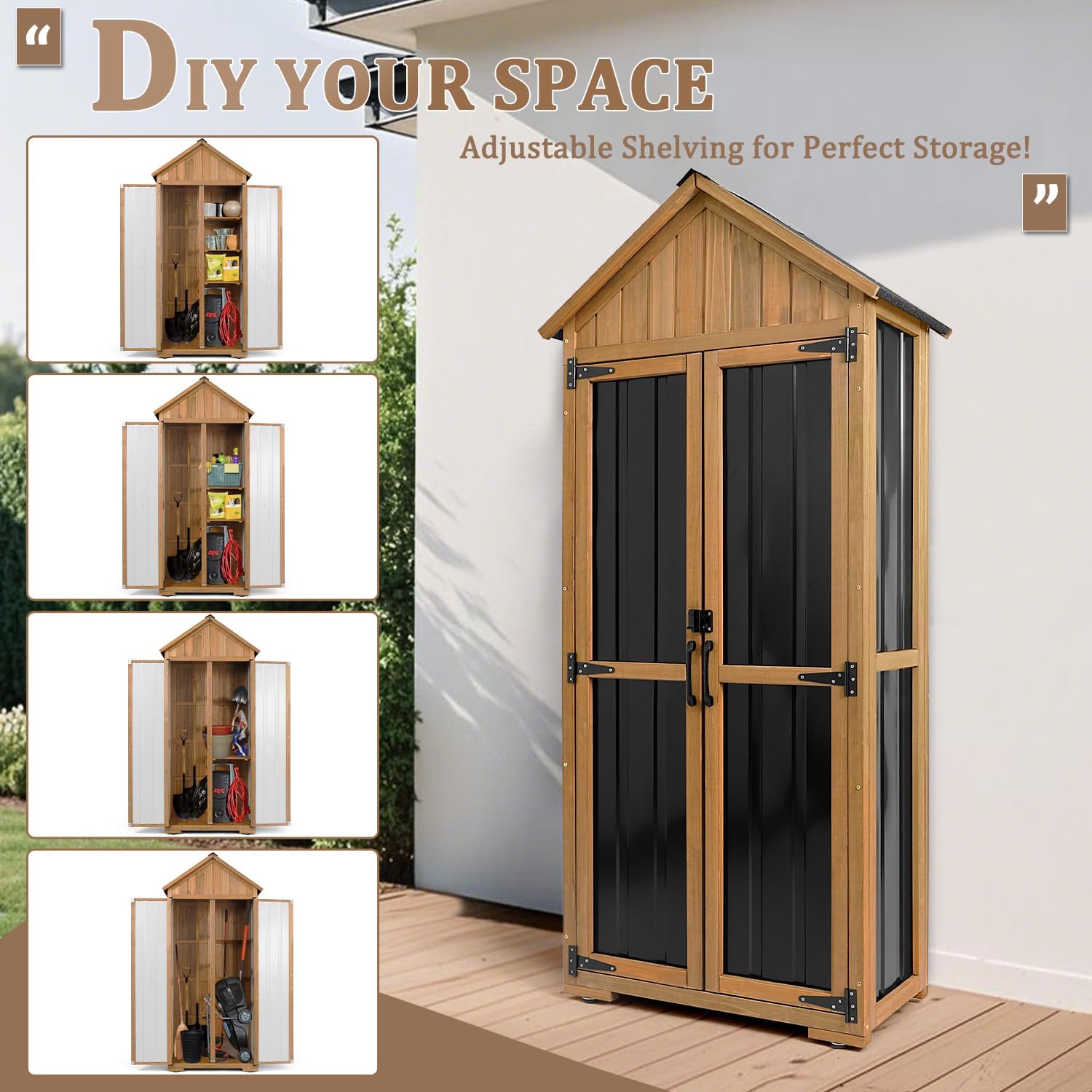 Interior shelves of the wooden garden tool cabinet