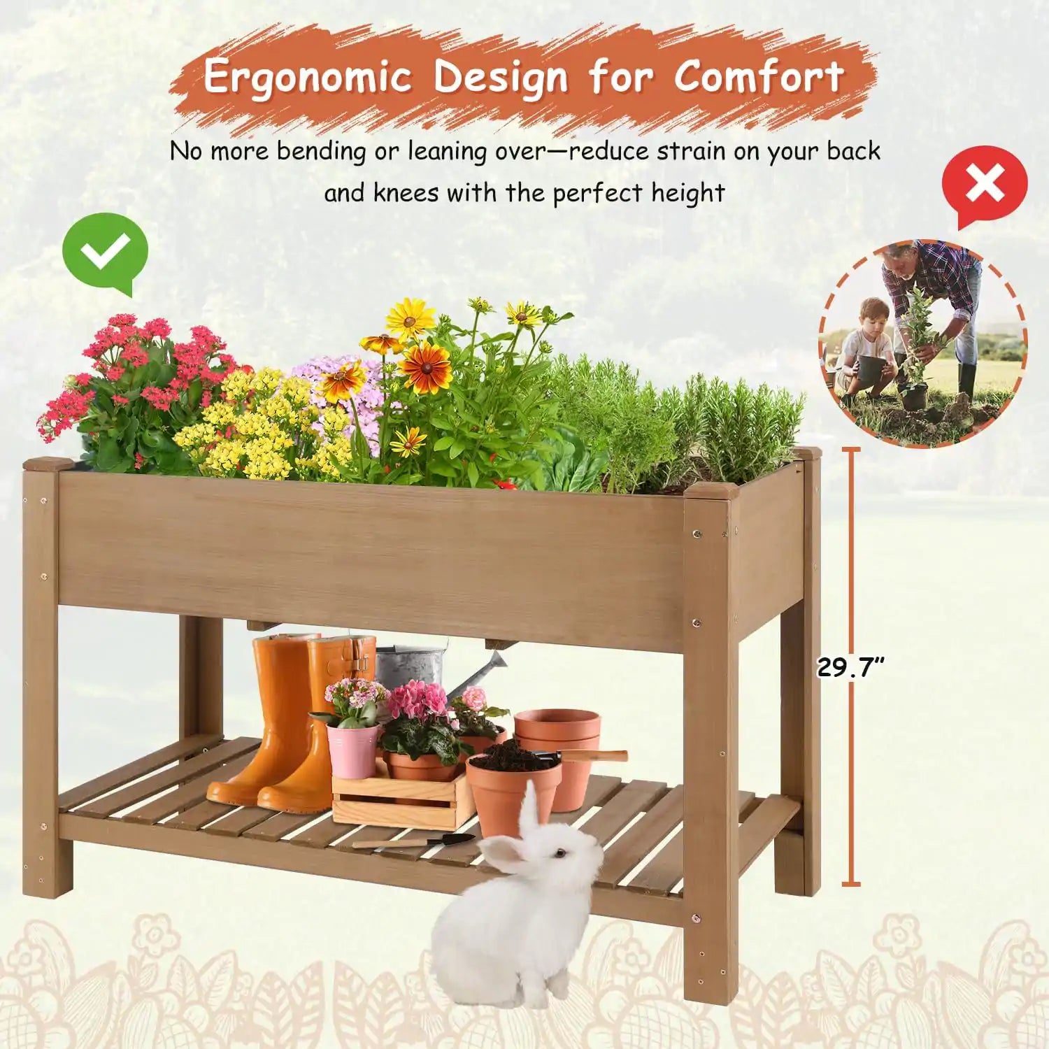 Brown wooden planter box in an outdoor garden setting