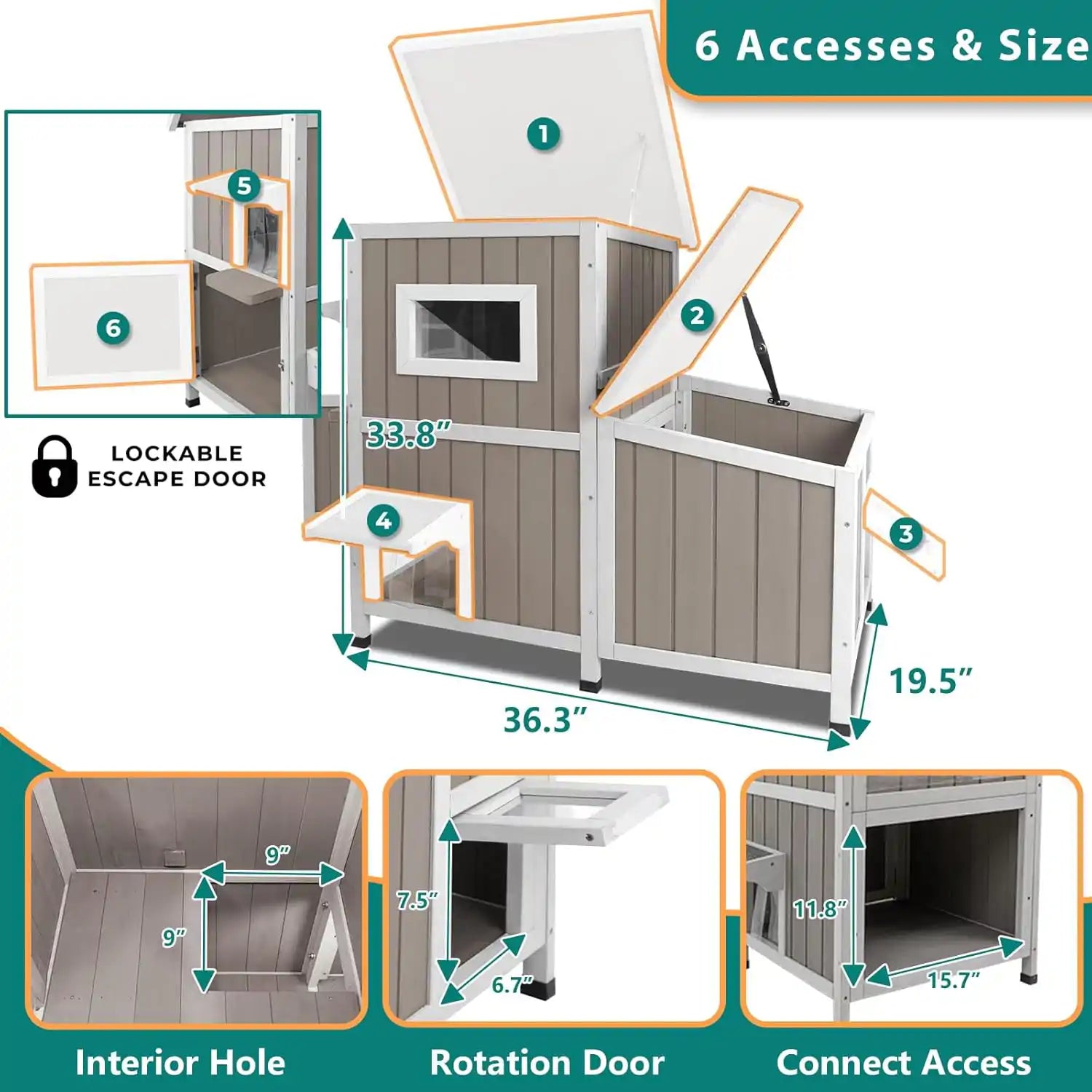 Grey cat house with secure mesh ventilation panels