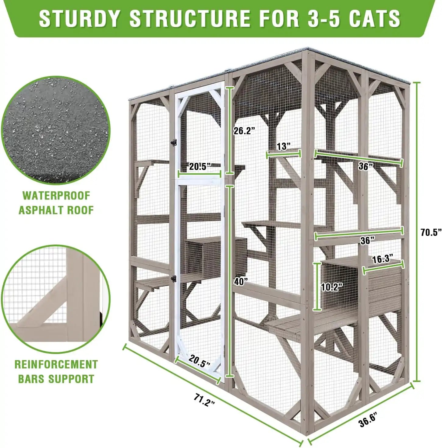 PETSCOSSET 71″ Catio Outdoor Cat Enclosure Large Wooden Cat House with 5 Platforms for Multiple Cats,Wood
