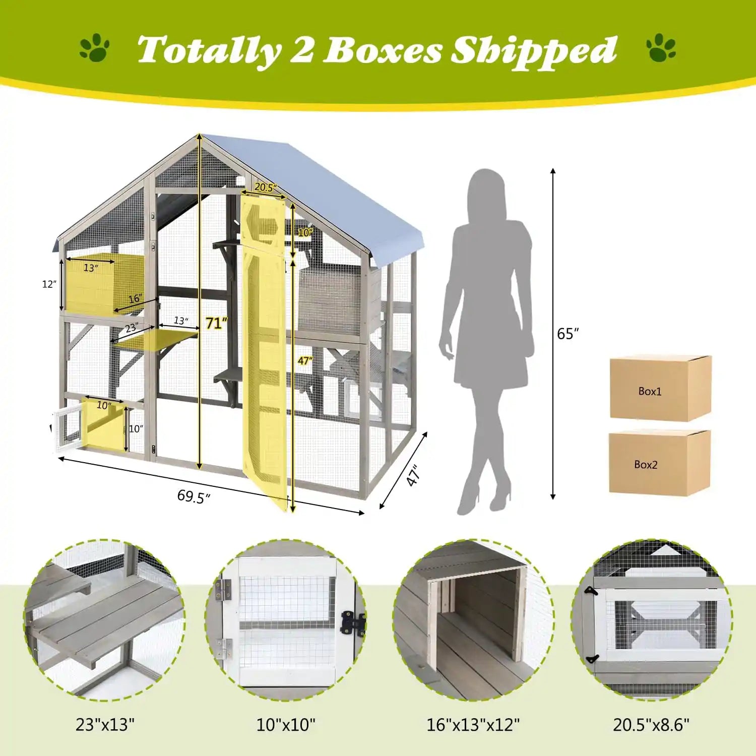 Outdoor cat playhouse with bridges, ramps, and sunbathing zones