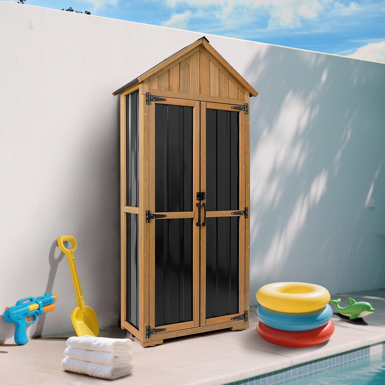 Outdoor wooden shed with slanted waterproof roof design
