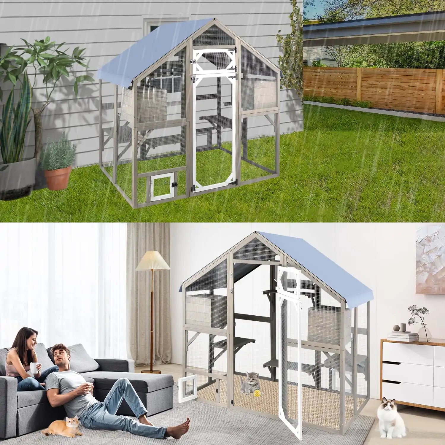 PET03 cat enclosure placed in backyard with cats inside
