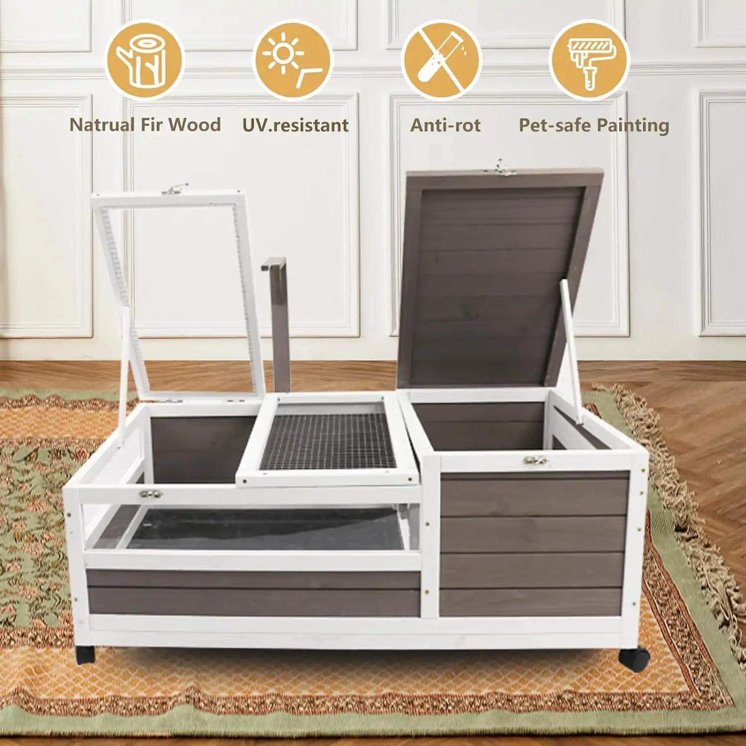 Split-level tortoise cage placed on wooden floor