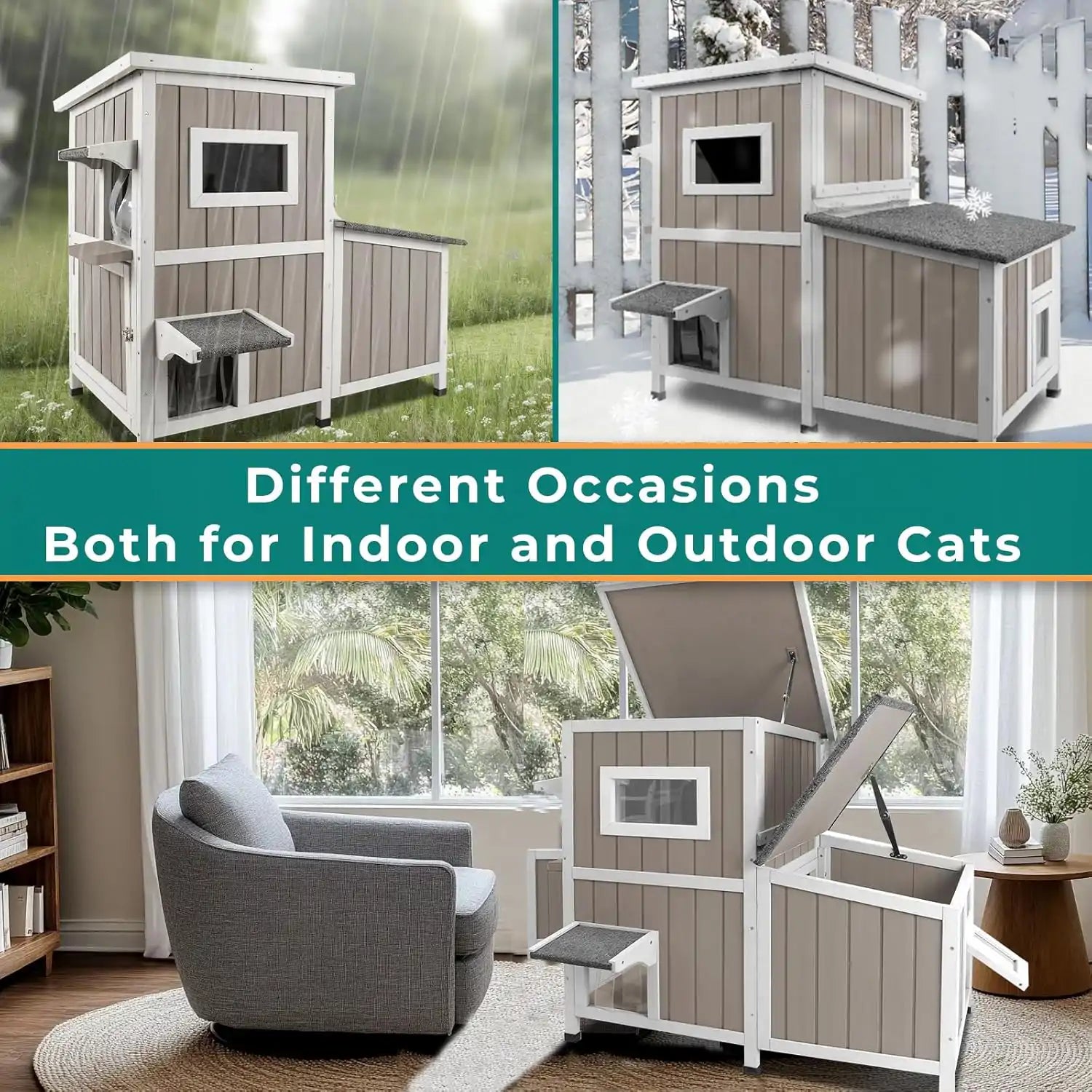 Outdoor cat house placed in backyard garden