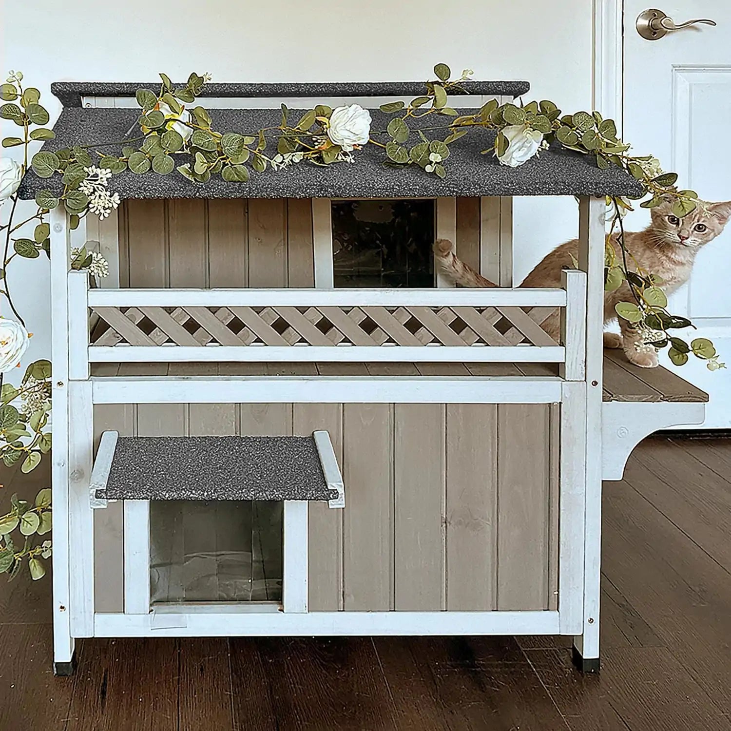 PETSCOSSET PET14 grey two-story wooden feral cat house with balcony