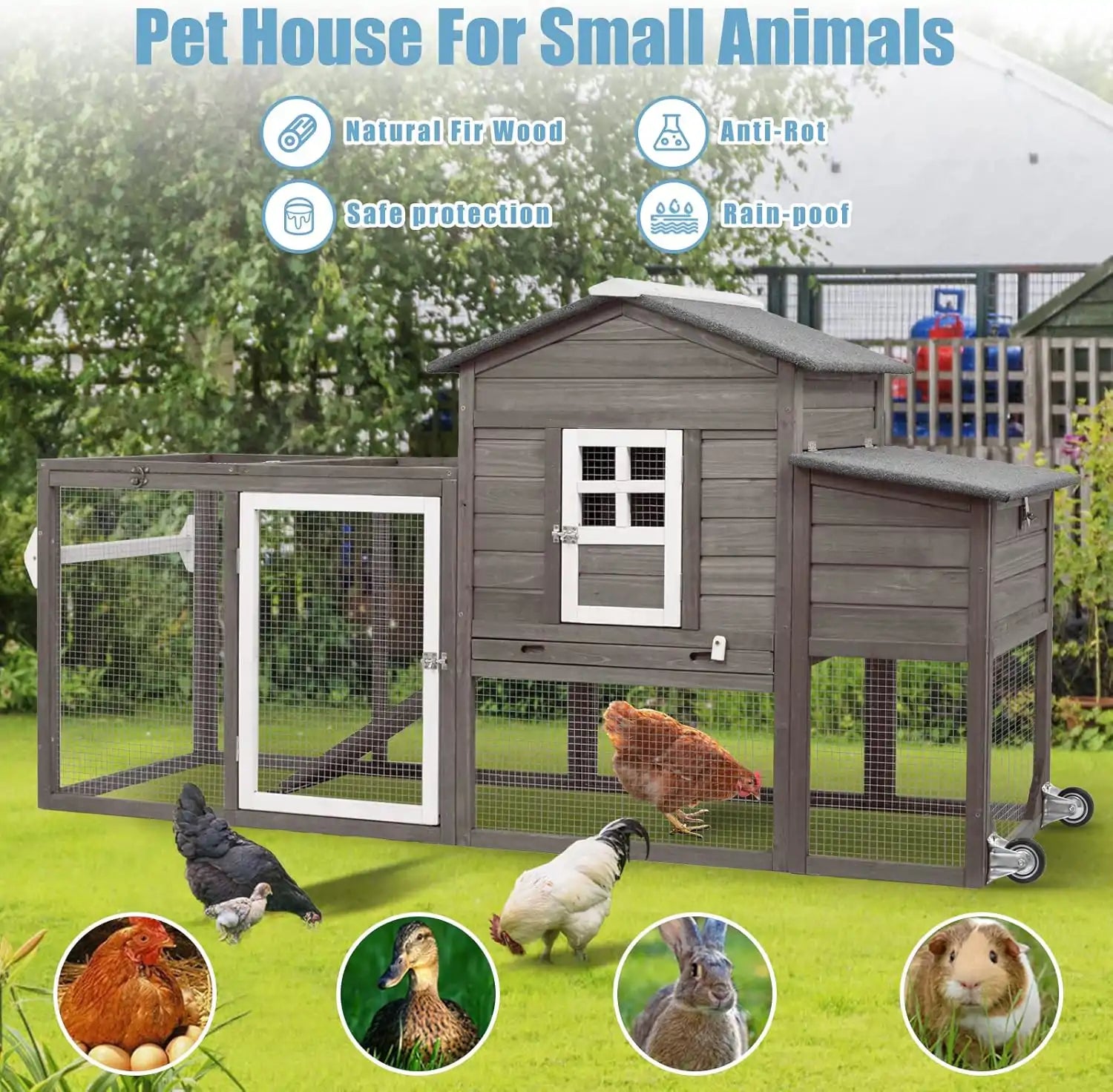 PETSCOSSET 78.7″Chicken Coop with Run Large Wooden Chicken House with Wheels,Combinable,Gray