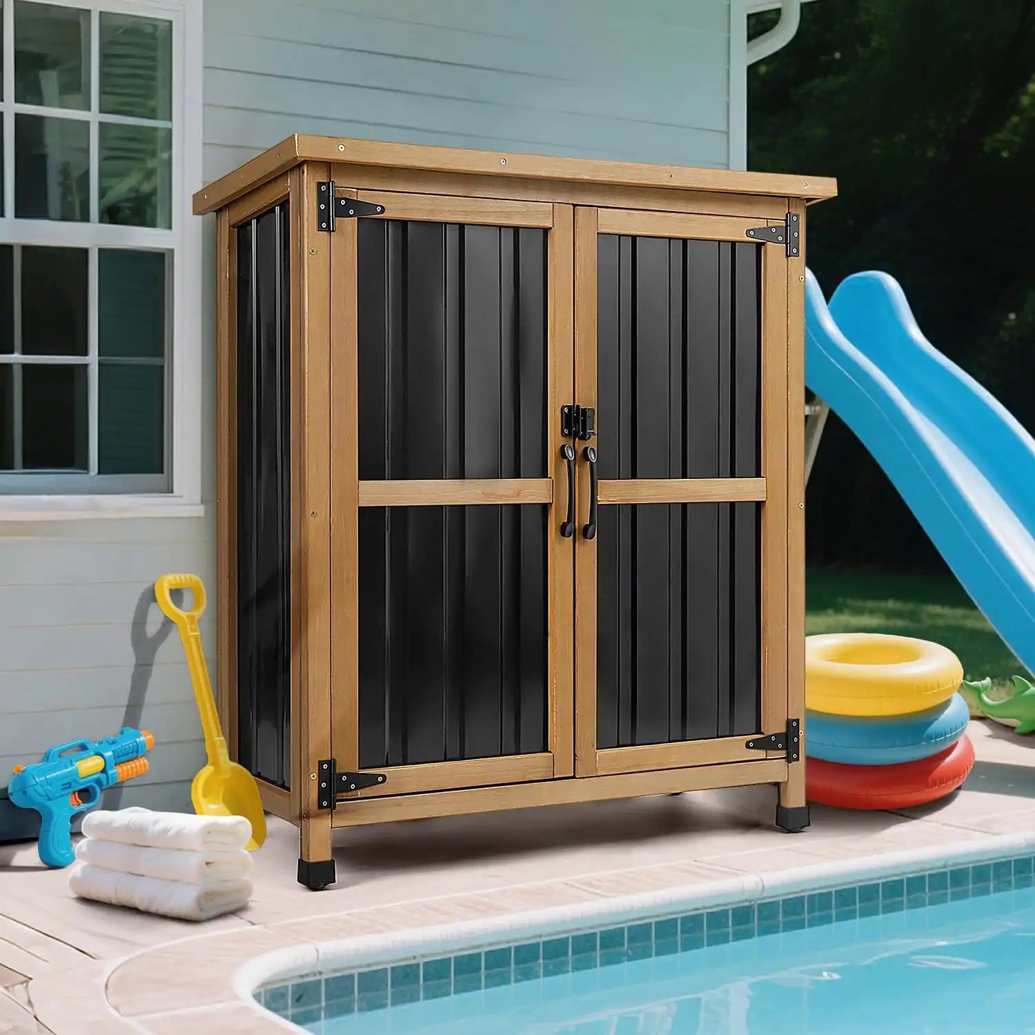 PETSCOSSET 38.8″L Outdoor Storage Shed, Garden Storage Cabinet, Brown